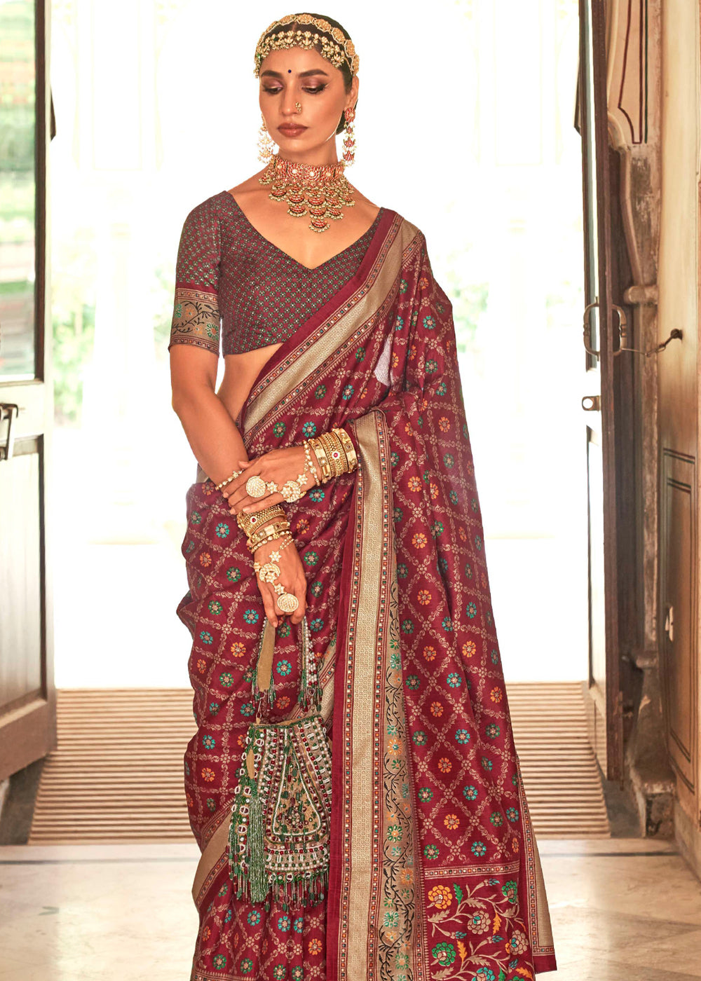 Buy MySilkLove Stiletto Maroon Printed Soft Silk Saree Online