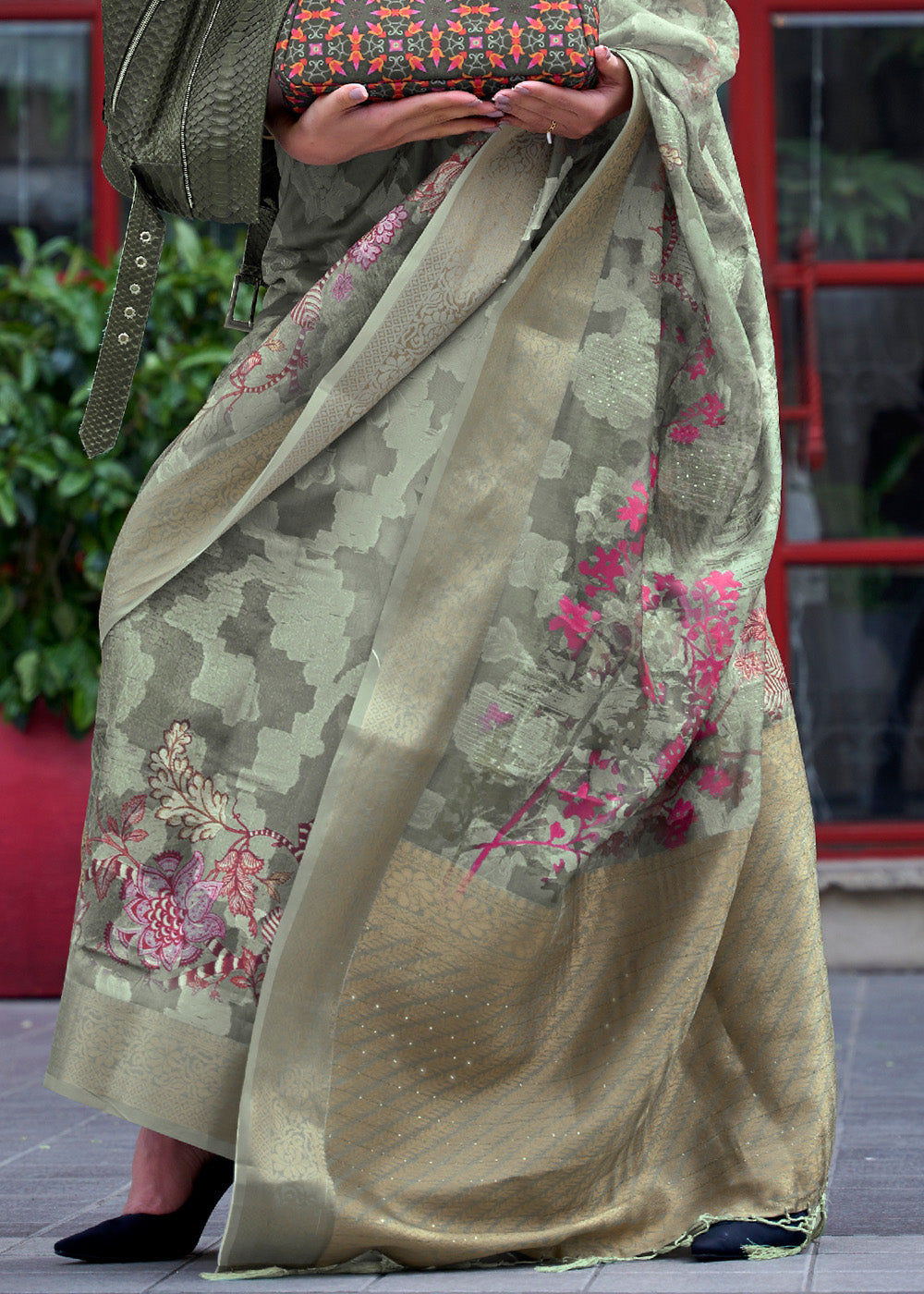 Buy MySilkLove Deep Sage Green Handloom Poly Brasso Saree Online