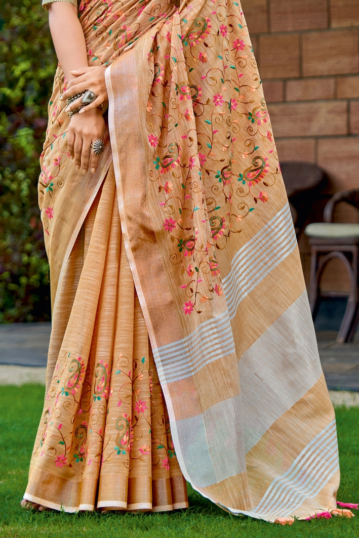 Buy MySilkLove Macaroni Cheese Orange Handcrafted Linen Saree Online