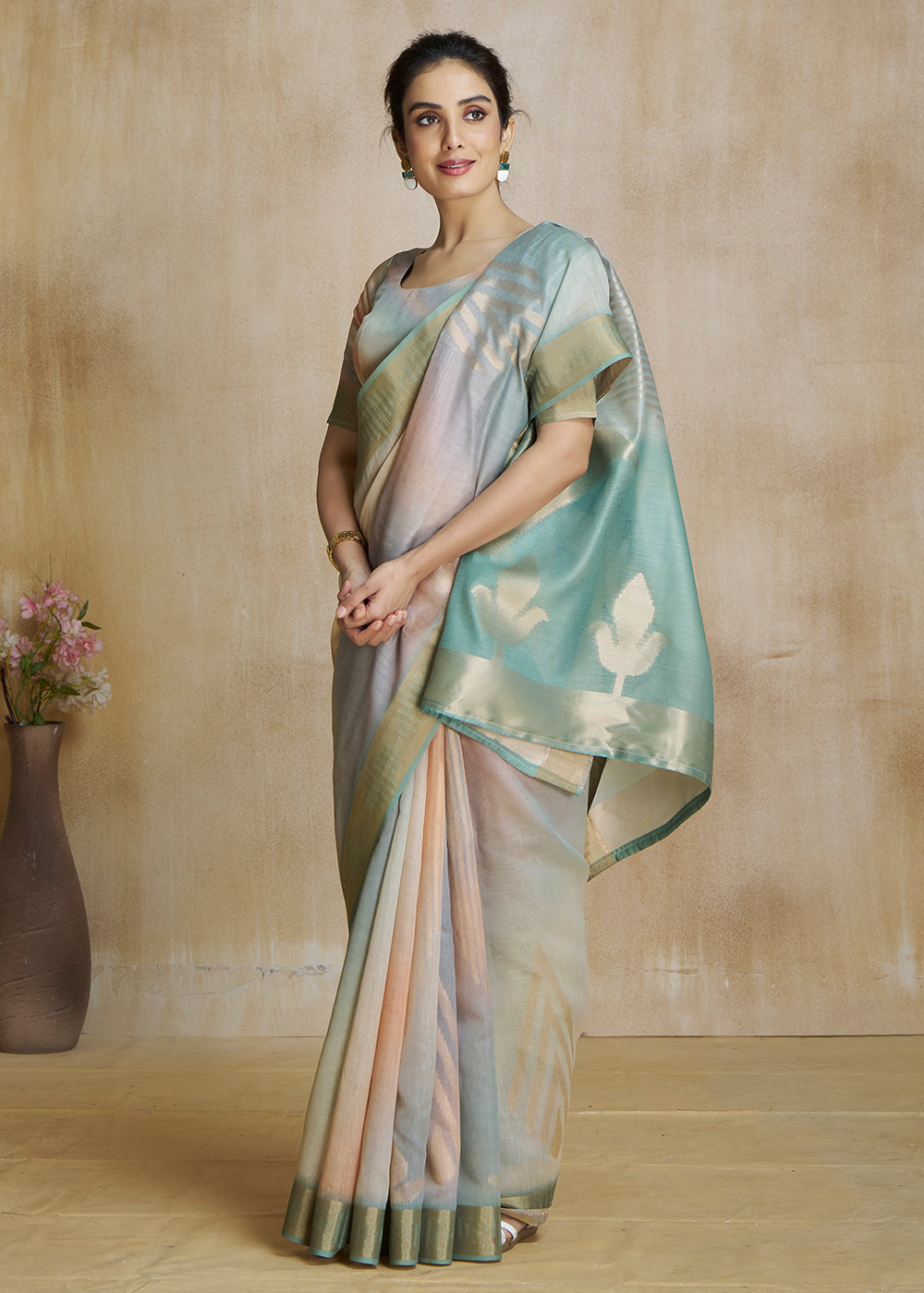 Buy MySilkLove Locust Green and Grey Tissue Woven Soft Silk Saree Online