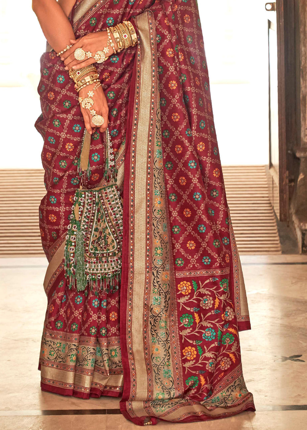 Buy MySilkLove Stiletto Maroon Printed Soft Silk Saree Online