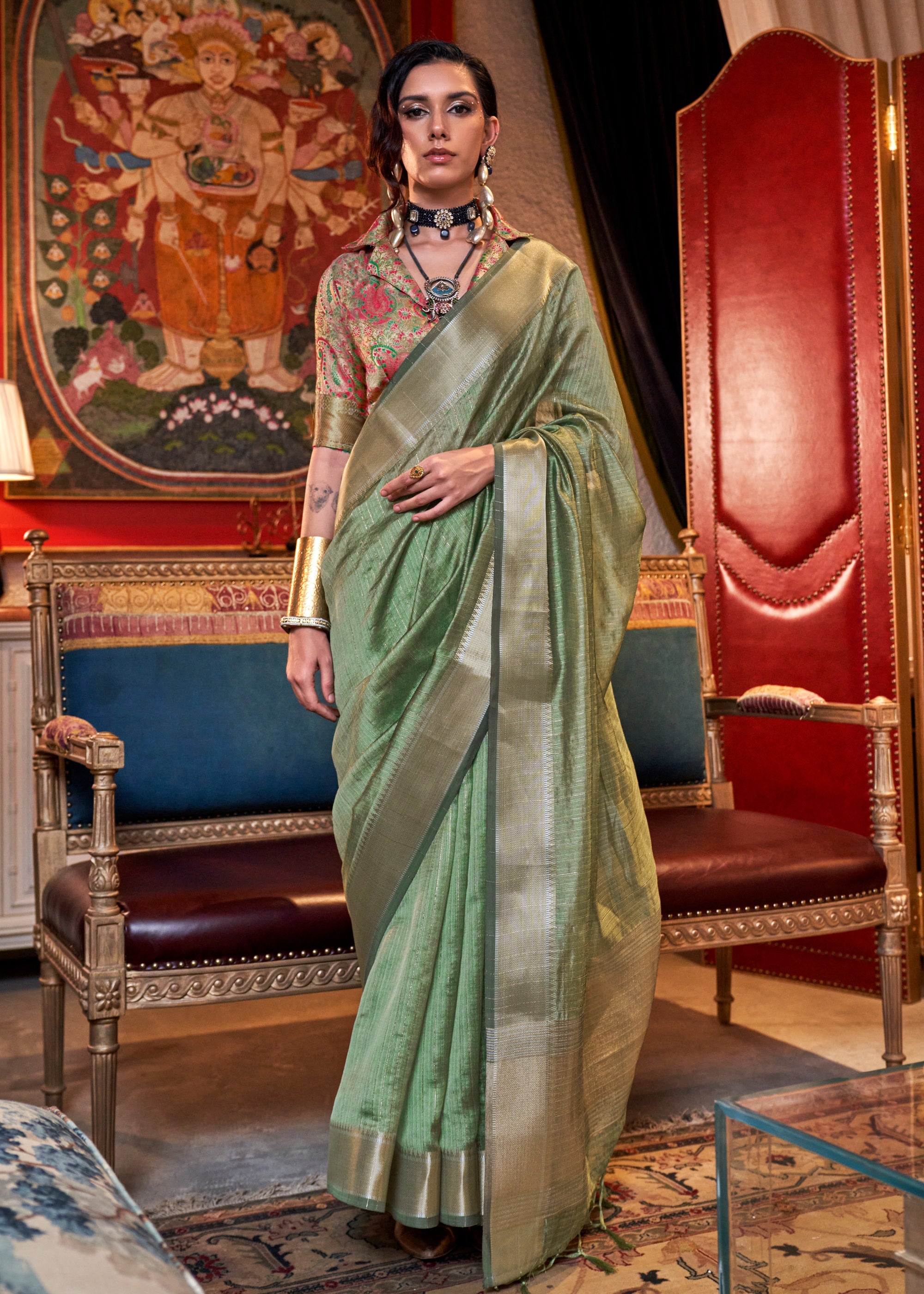 Buy MySilkLove Olive Green Chiffon Silk Saree Online