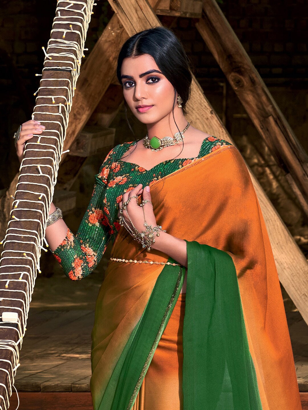 Buy MySilkLove Zest Orange and Green Chiffon Saree With Printed Blouse Online