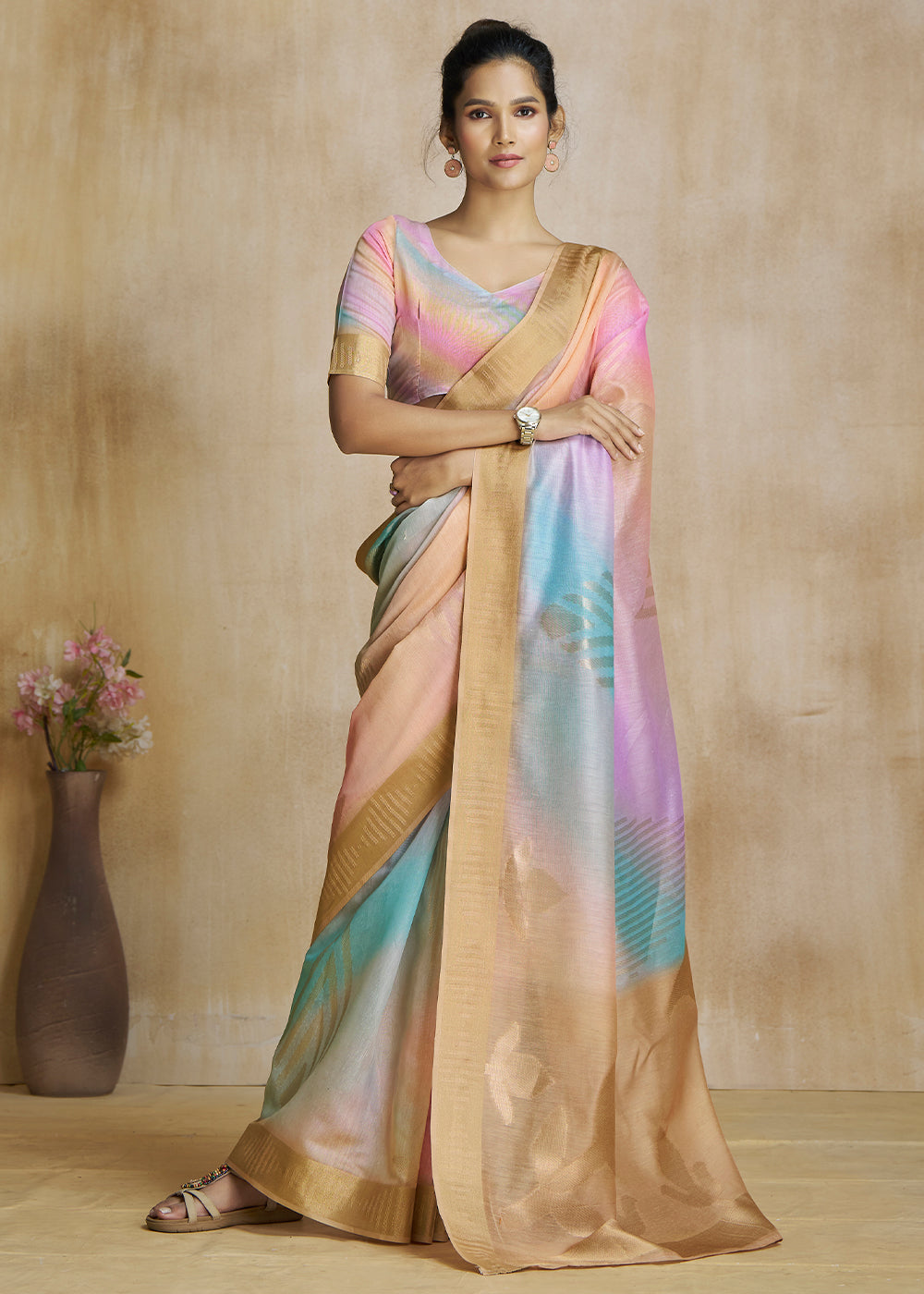 Buy MySilkLove Japonica Orange and Pink Tissue Woven Soft Silk Saree Online