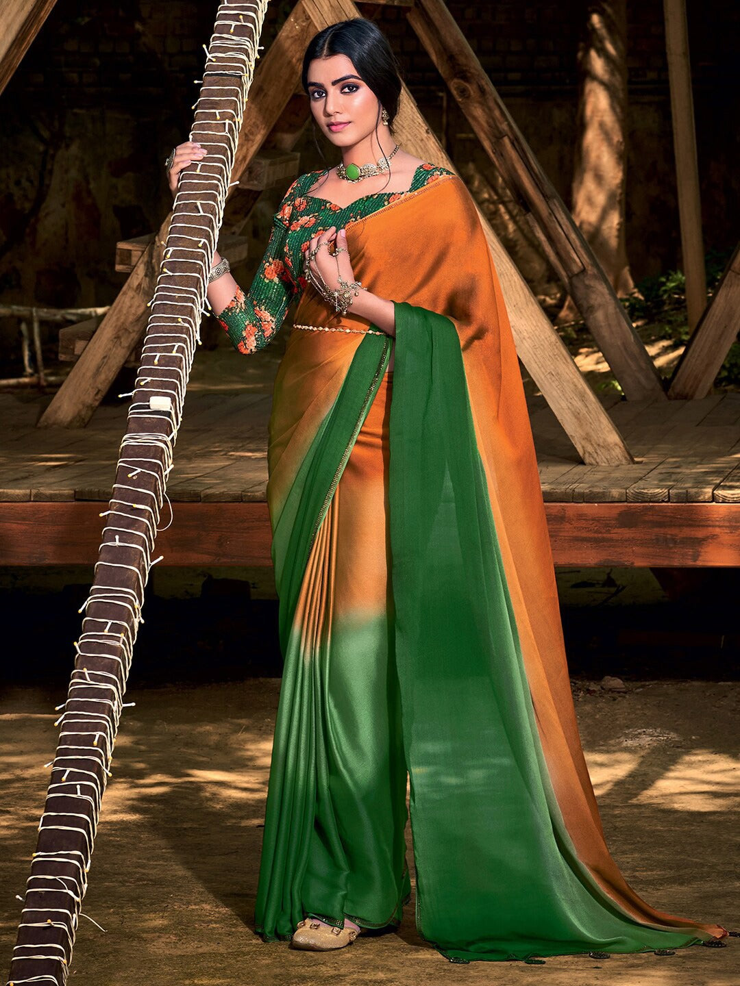 Buy MySilkLove Zest Orange and Green Chiffon Saree With Printed Blouse Online
