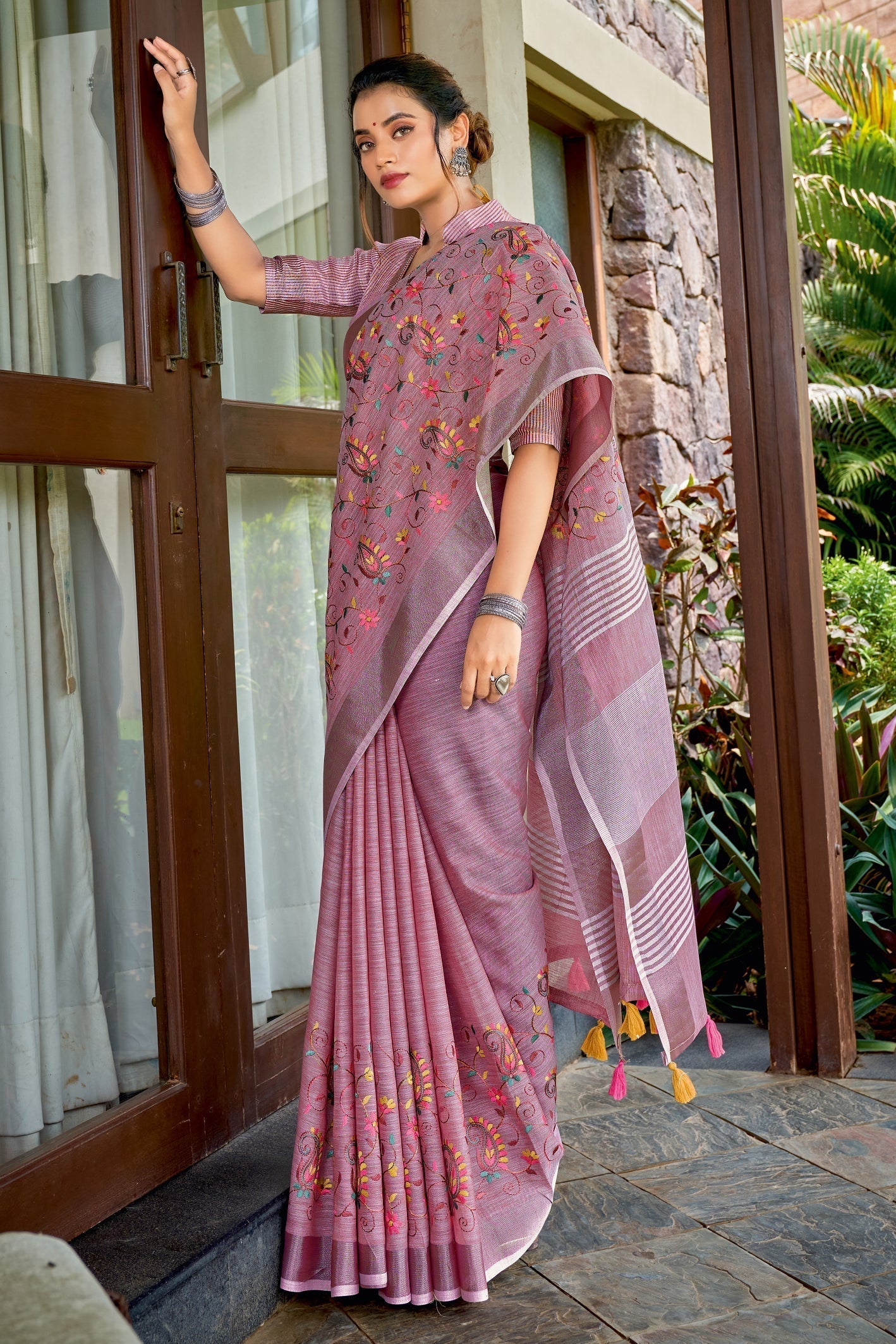 Buy MySilkLove Strikemaster Purple Handcrafted Linen Saree Online