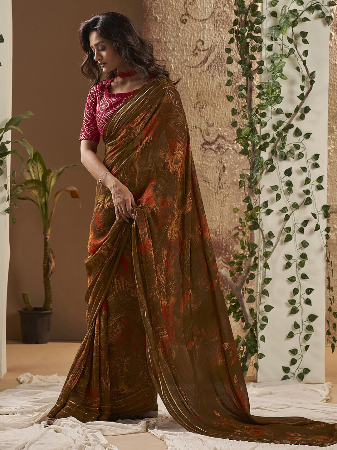 Buy MySilkLove Espresso Brown Georgette Chiffon Saree With Embroidery Blouse Online