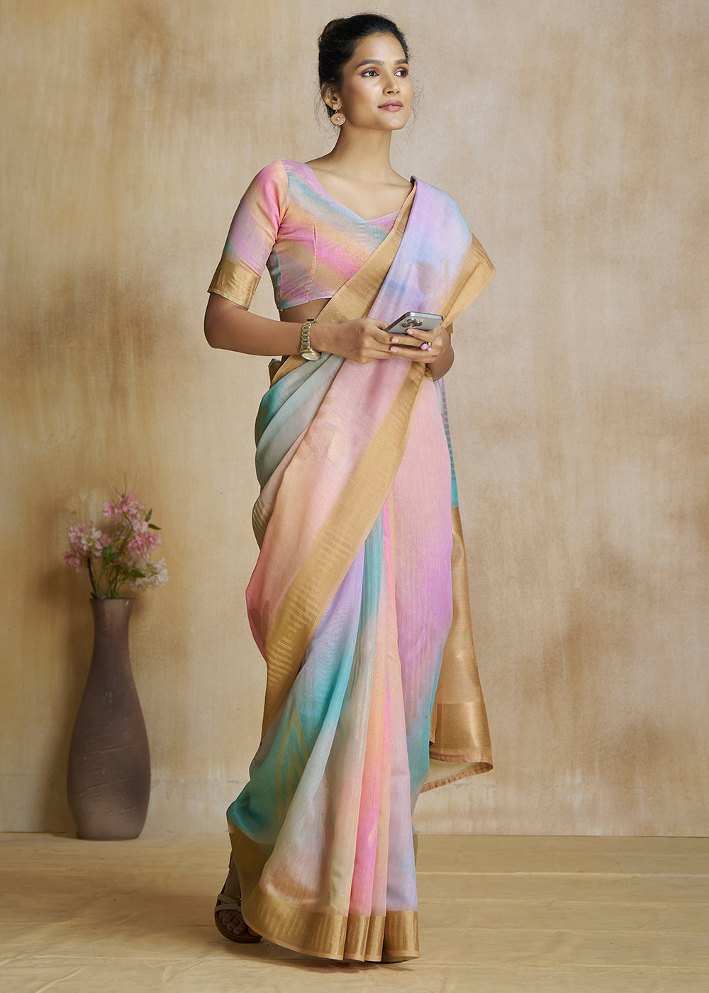 Buy MySilkLove Japonica Orange and Pink Tissue Woven Soft Silk Saree Online