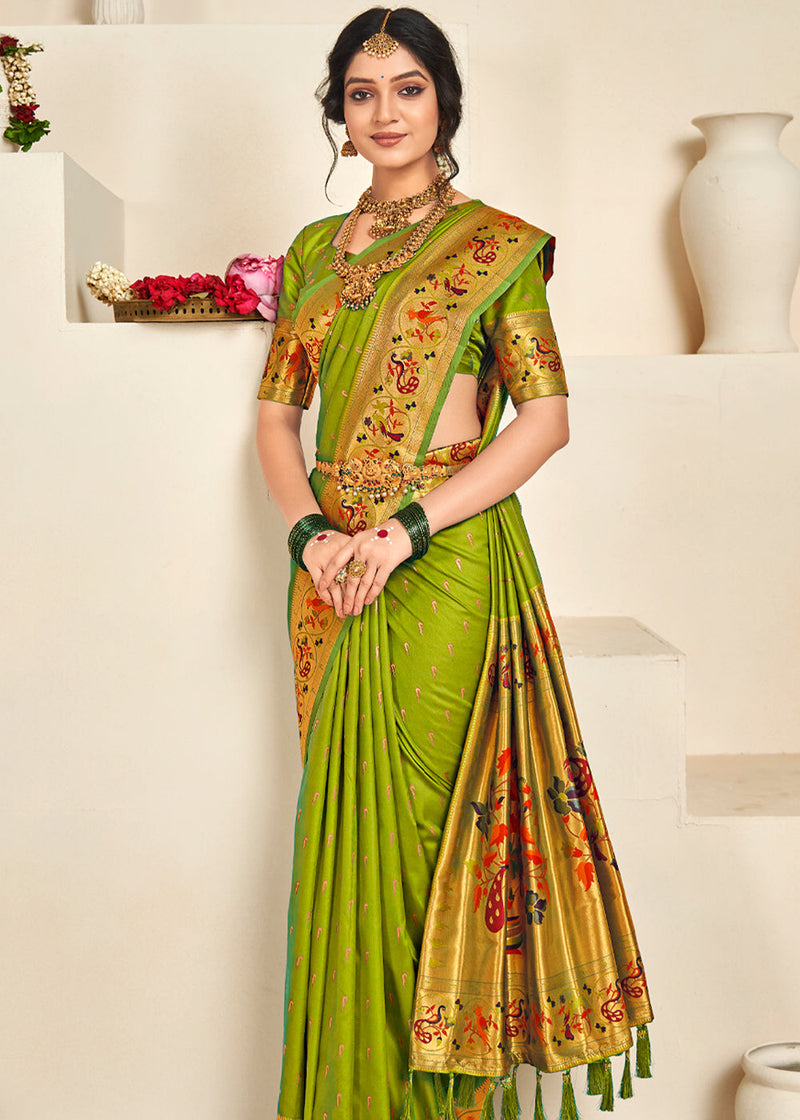 Soft Light Green Silk Paithani Saree With Rich Pallu And Meenakari wor –  Shivansh Fab