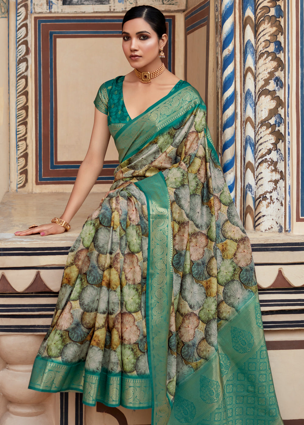 MySilkLove Oracle Green Banarasi Digital Printed Silk Saree