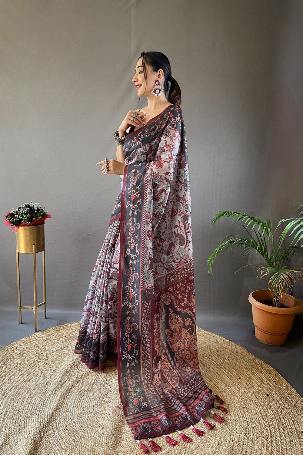 Buy MySilkLove Chatelle Grey Printed Cotton Kalamkari Saree Online