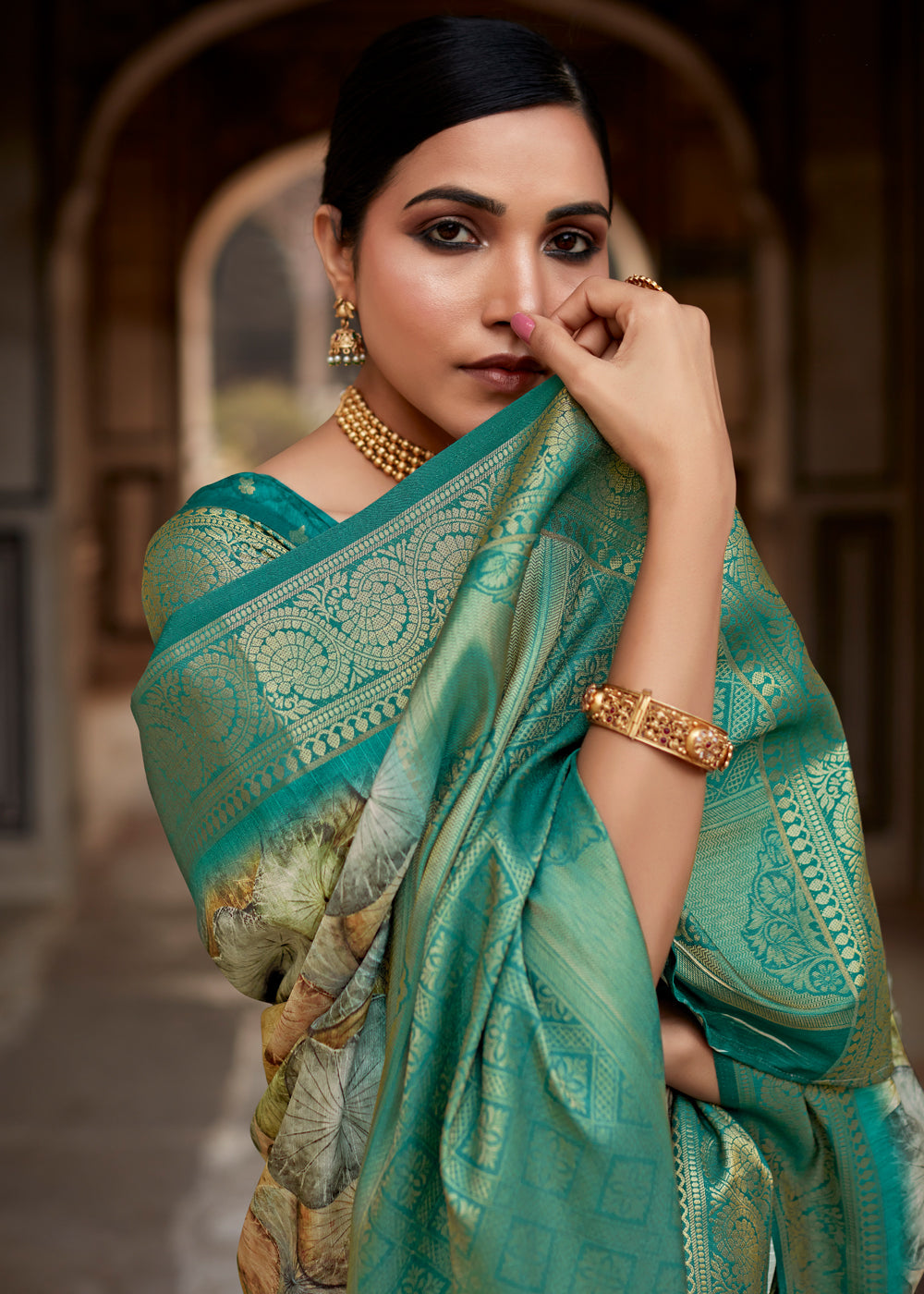 Buy MySilkLove Oracle Green Banarasi Digital Printed Silk Saree Online