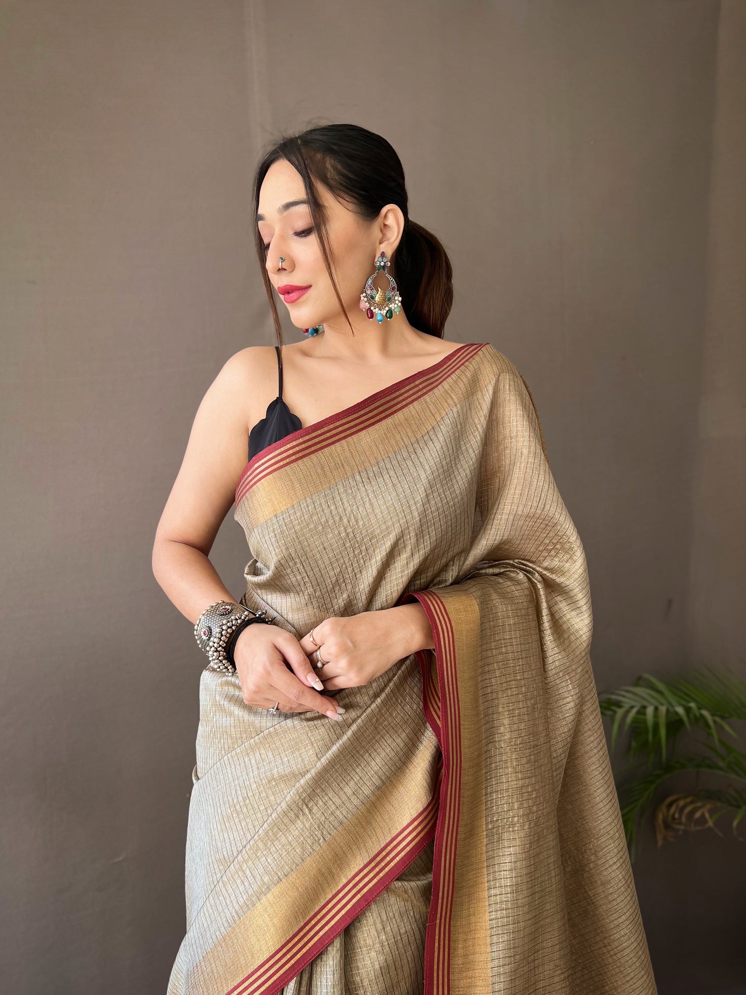 Buy MySilkLove Arrowtown Brown Organza Woven Saree Online