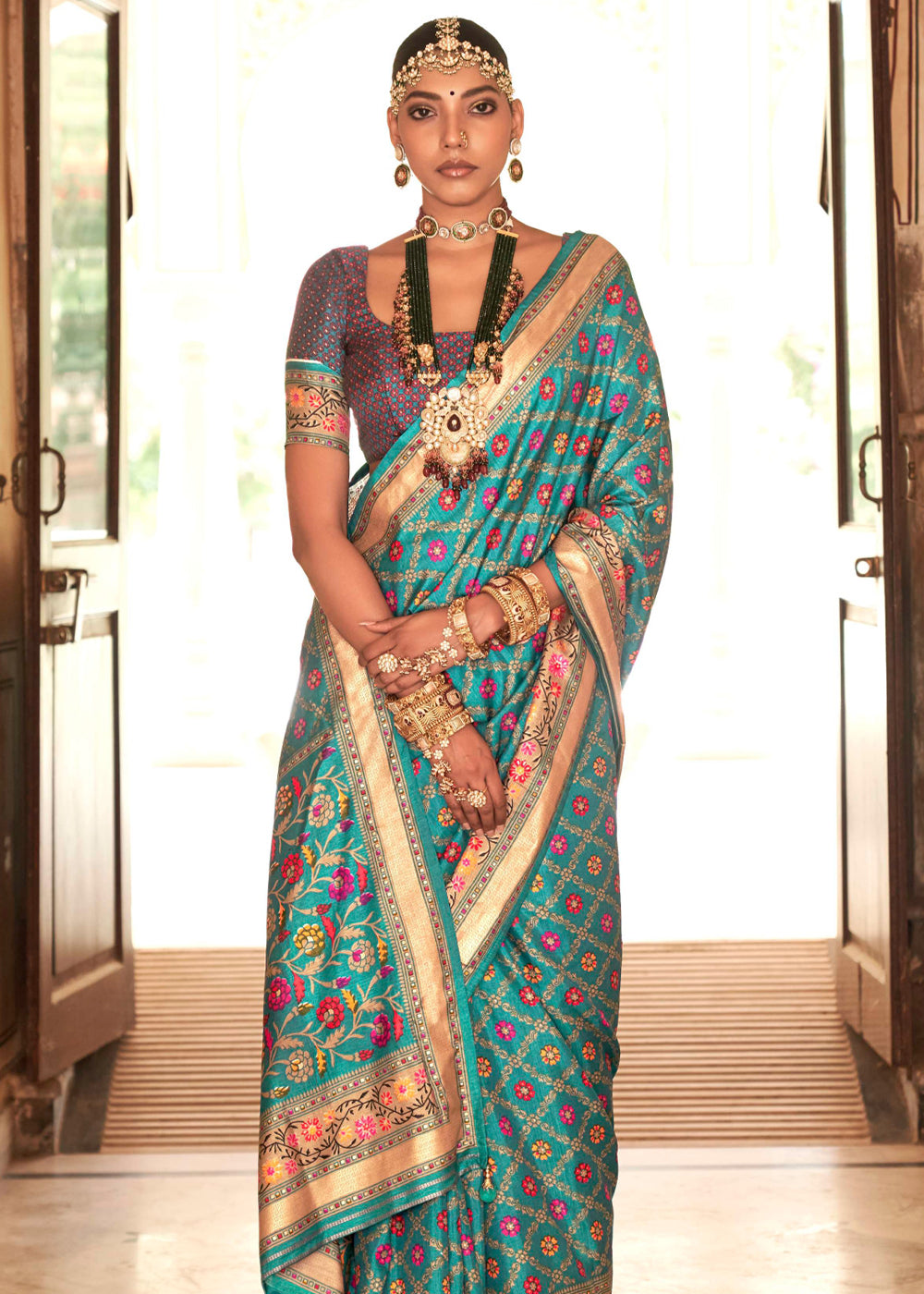 Buy MySilkLove Fountain Blue Printed Soft Silk Saree Online