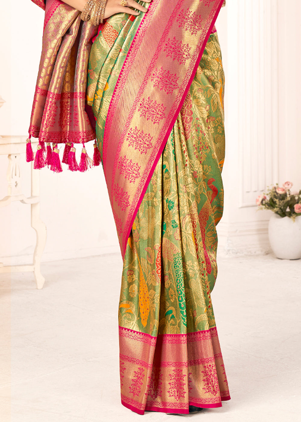 Buy MySilkLove Driftwood Green Woven Paithani Fusion Kanjivaram Silk Saree Online