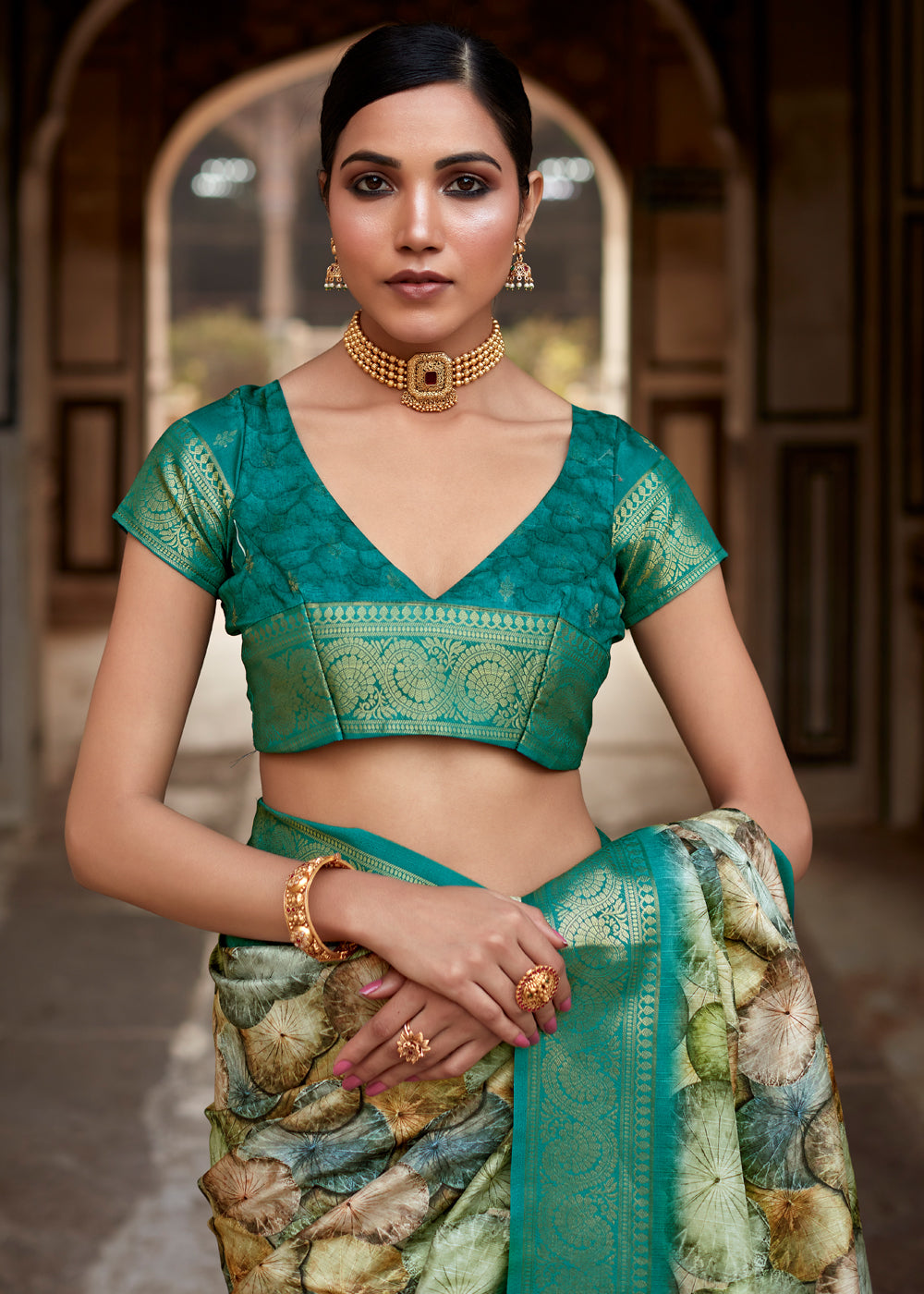 Buy MySilkLove Oracle Green Banarasi Digital Printed Silk Saree Online