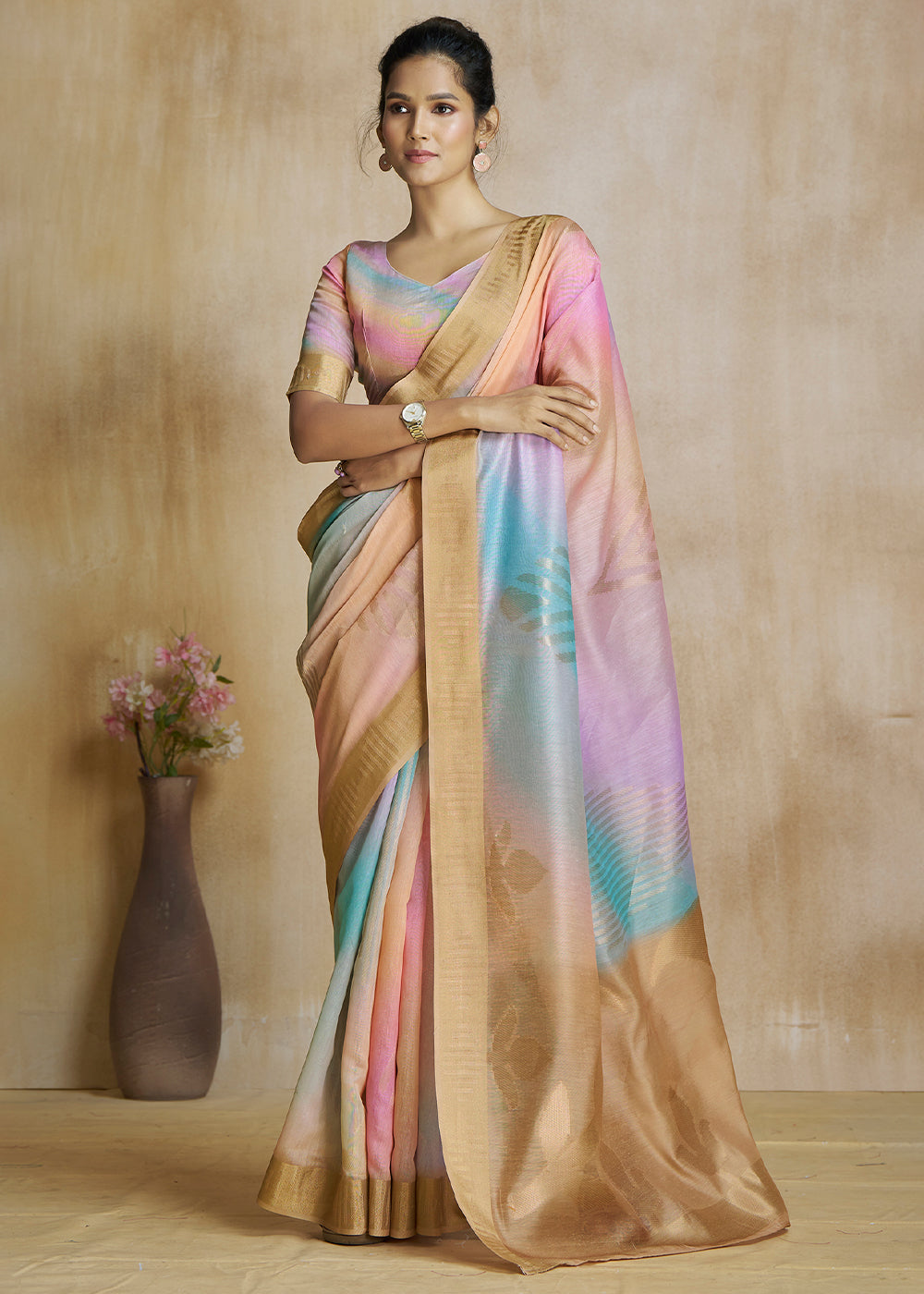 Buy MySilkLove Japonica Orange and Pink Tissue Woven Soft Silk Saree Online