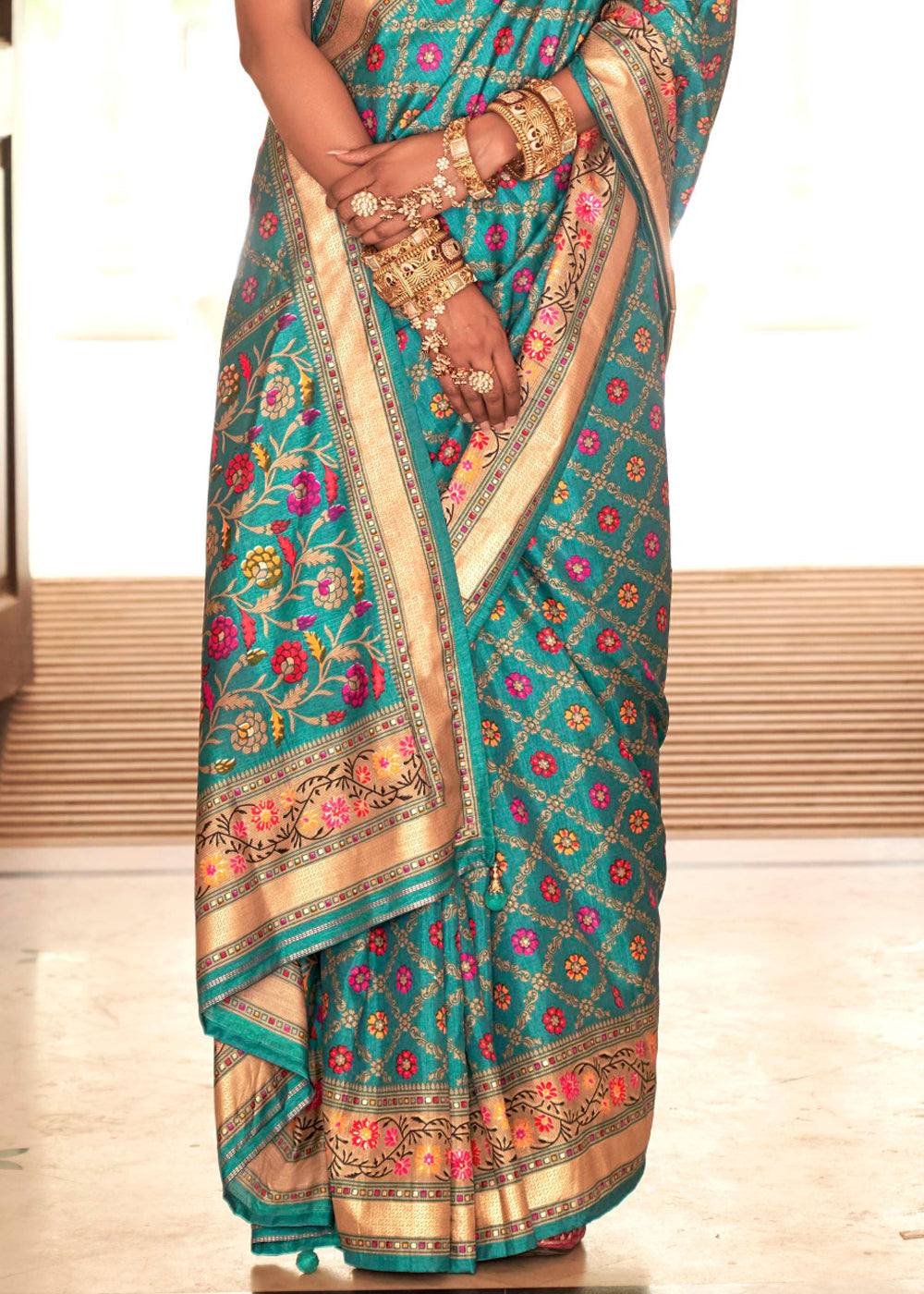 Buy MySilkLove Fountain Blue Printed Soft Silk Saree Online