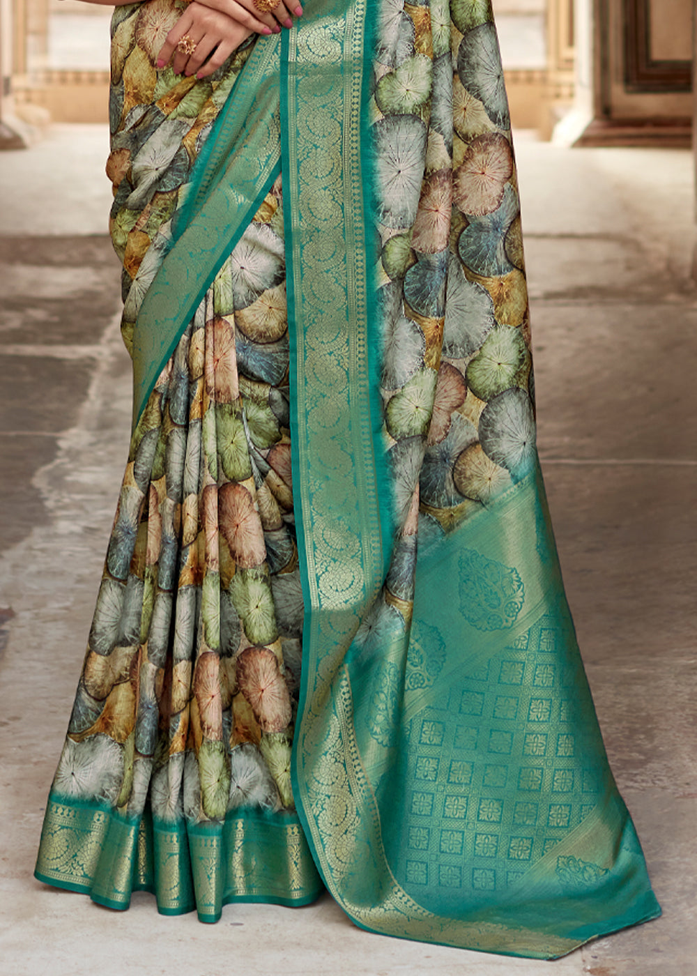 Buy MySilkLove Oracle Green Banarasi Digital Printed Silk Saree Online