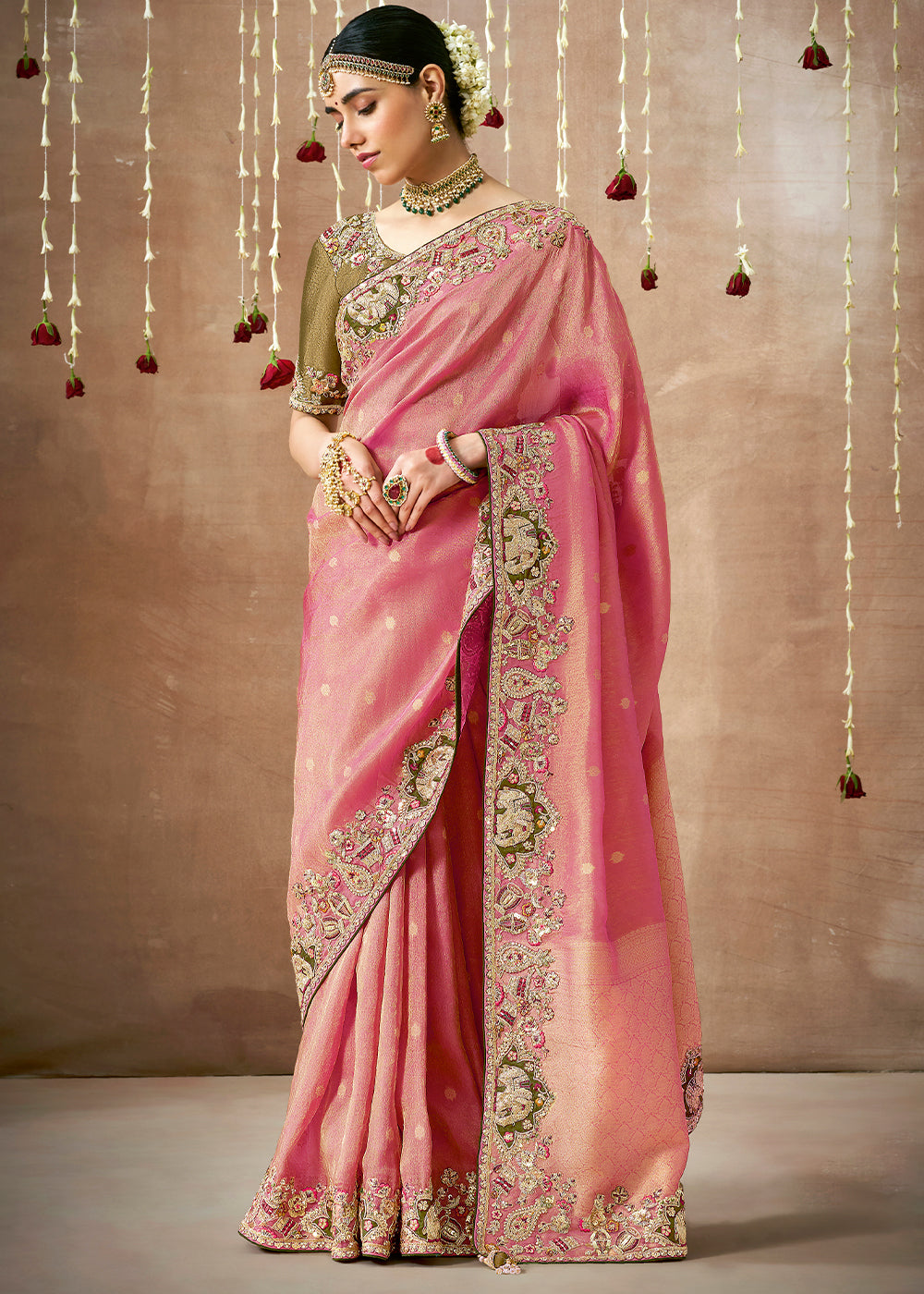 Buy MySilkLove Lotus Pink  Zari Woven Embroidery Designer Tissue Dola Silk Saree Online