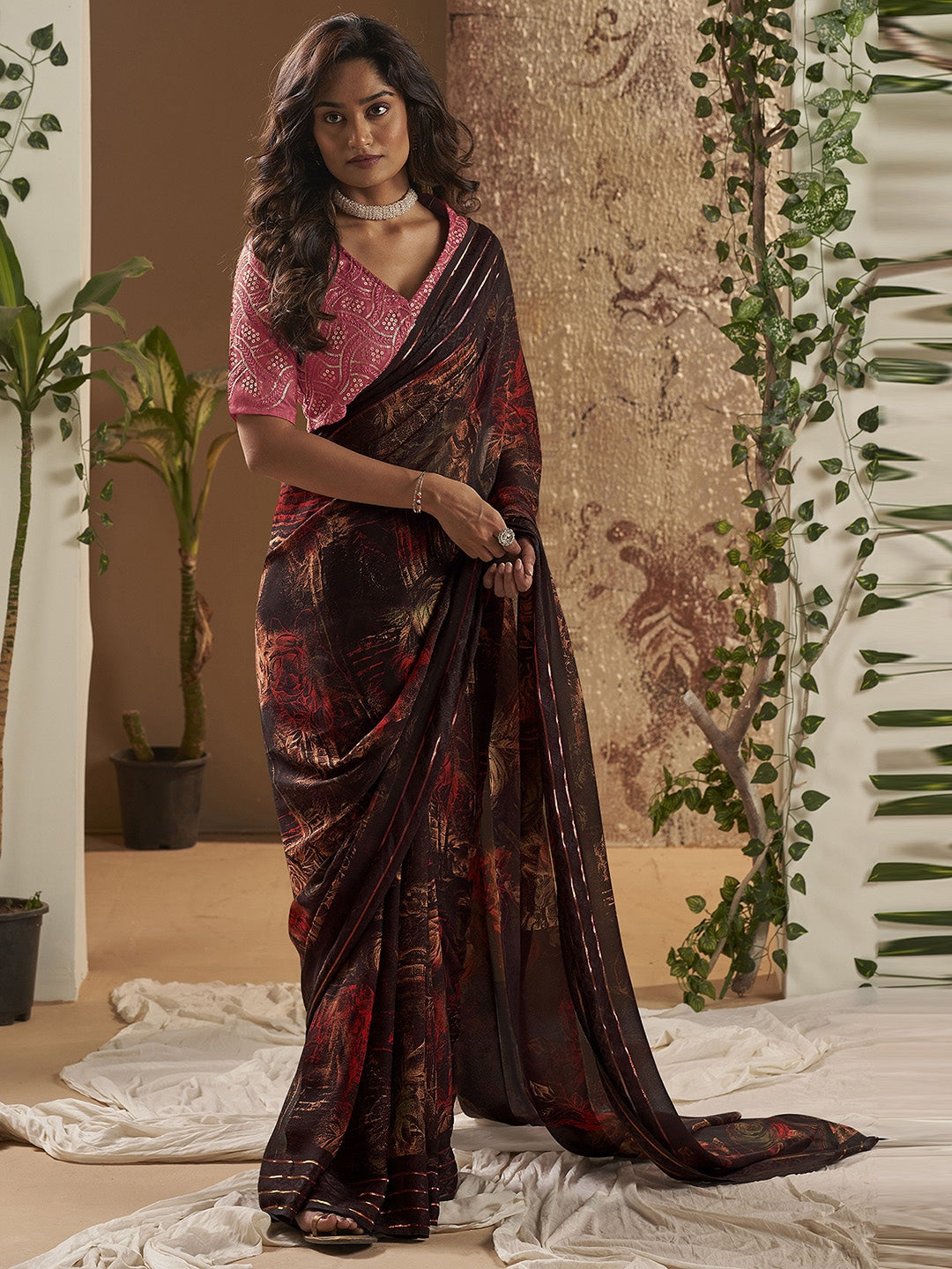 Buy MySilkLove Tamarind Brown Georgette Chiffon Saree With Embroidery Blouse Online