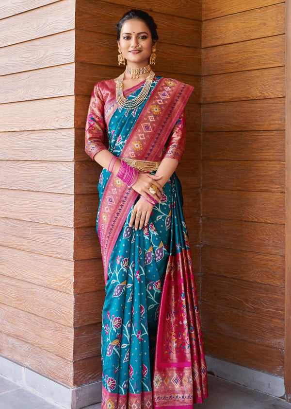Allports Blue and Pink Woven Kanchipuram Saree