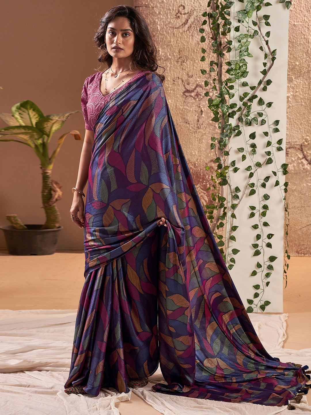 MySilkLove Mulled Wine Blue Printed Chiffon Saree With Embroidery blouse