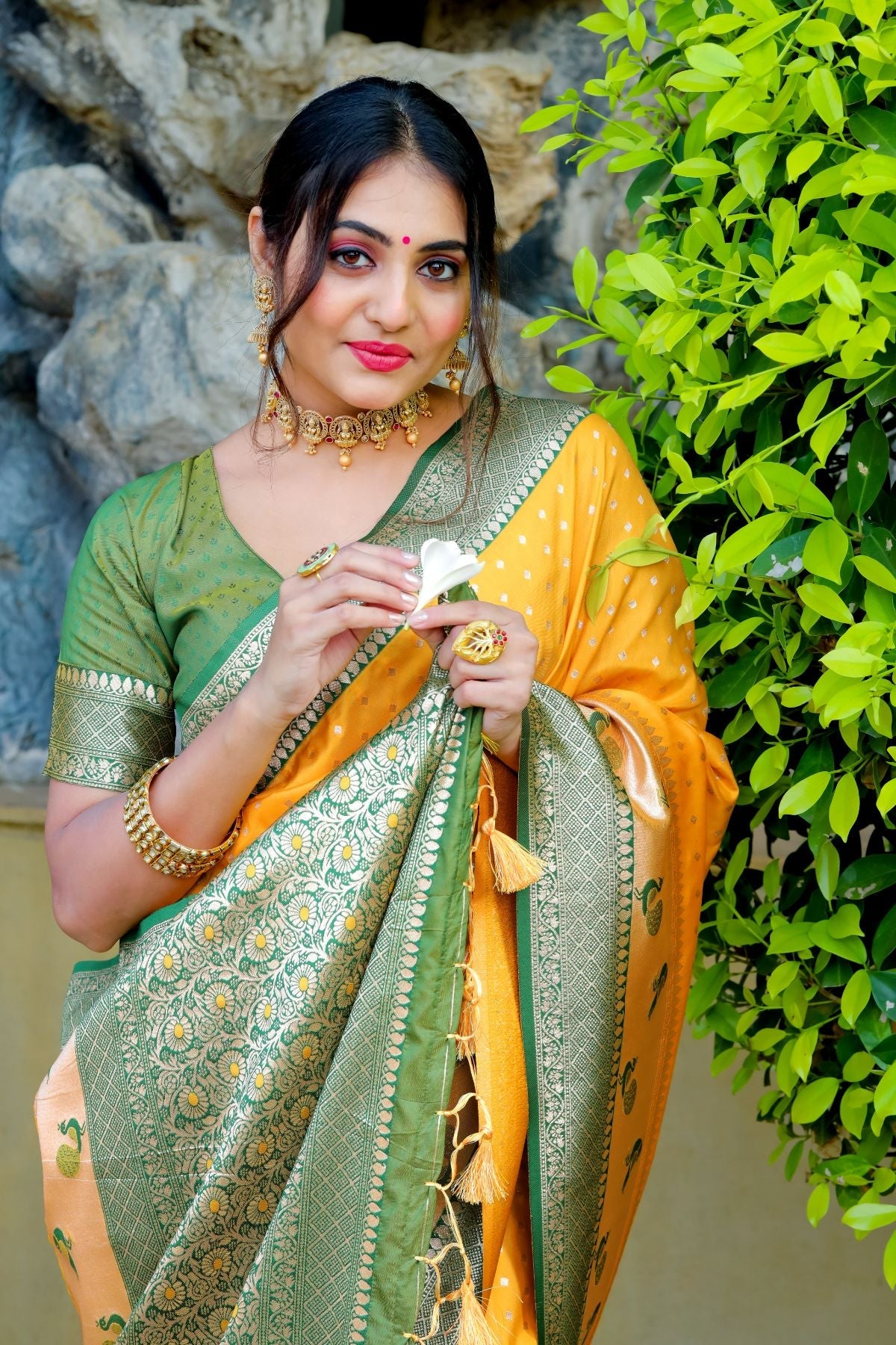 Buy MySilkLove Turmeric Yellow and Green Banarasi Paithani Silk Saree Online