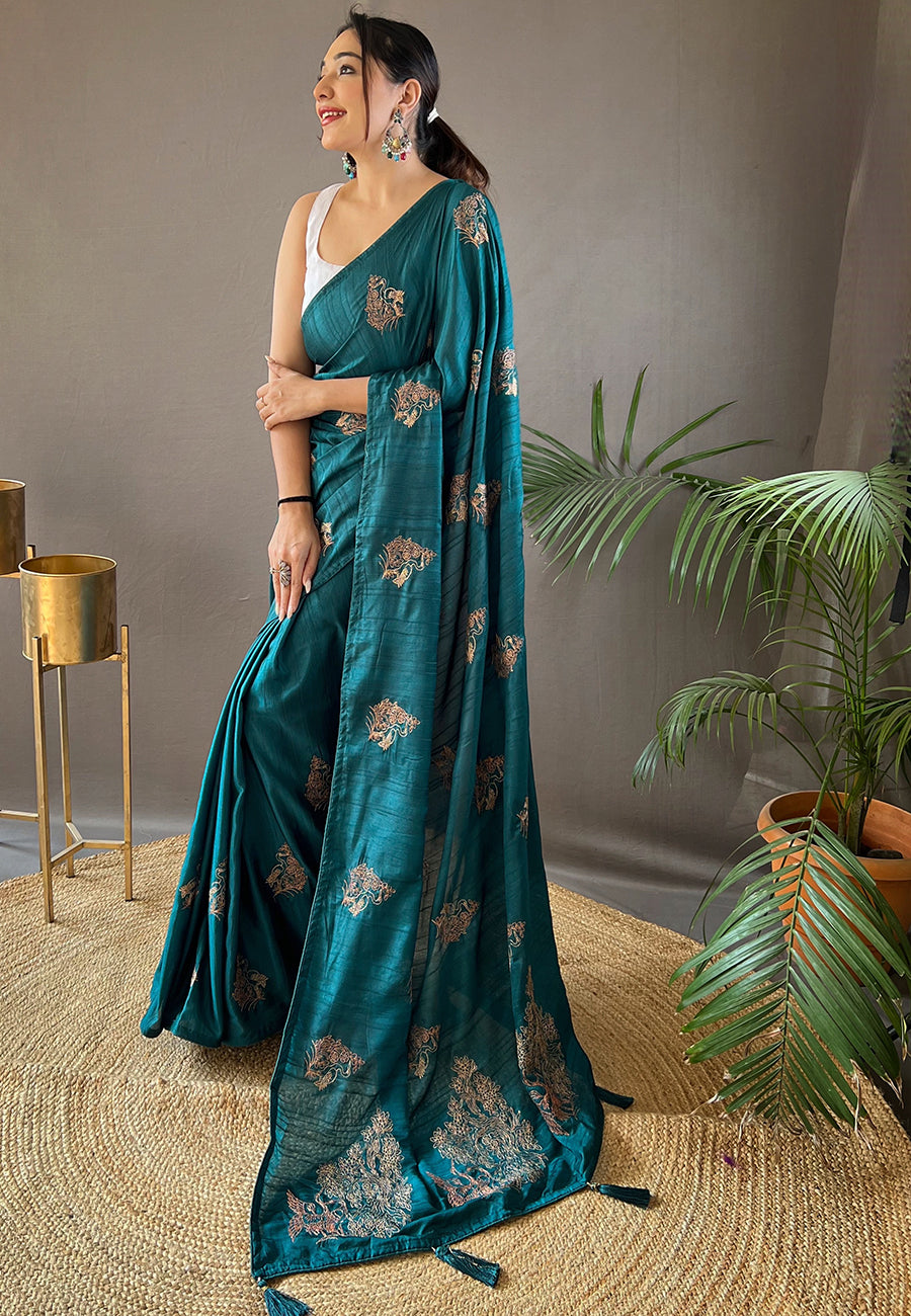 Buy MySilkLove Jelly Bean Blue Embroidered Tussar Silk Saree Online