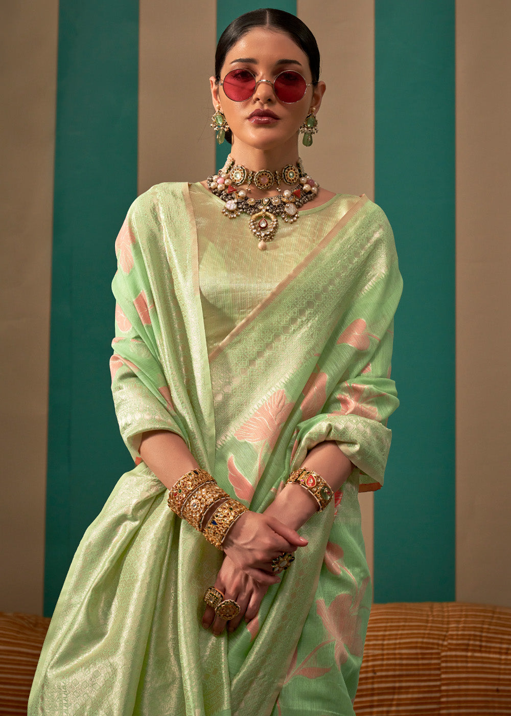 Buy MySilkLove Pista Green Woven Banarasi Linen Saree Online