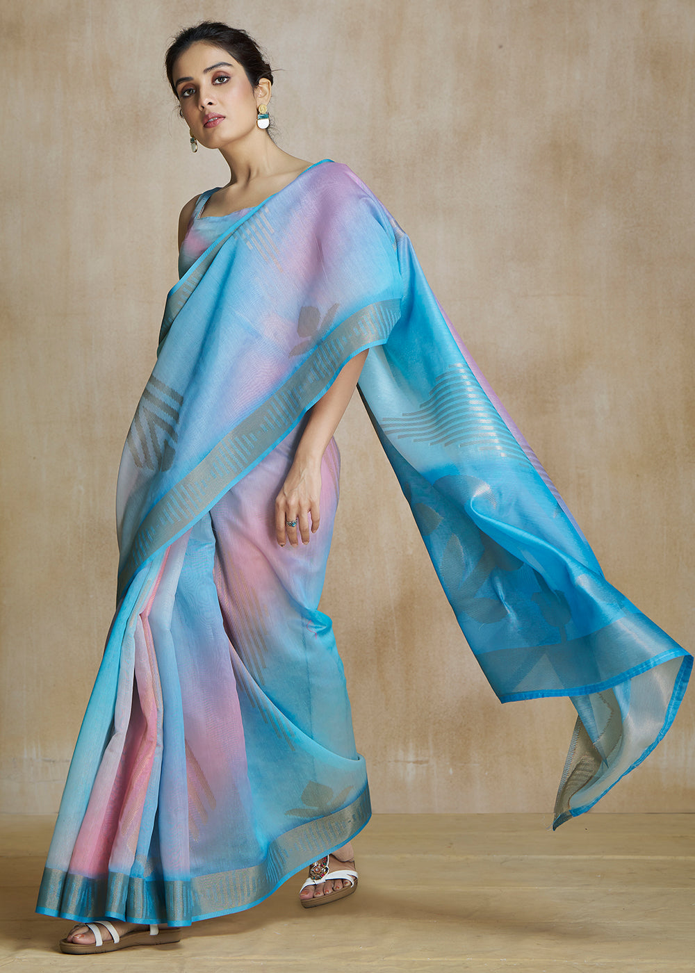 MySilkLove Pacific Blue and Pink Tissue Woven Soft Silk Saree