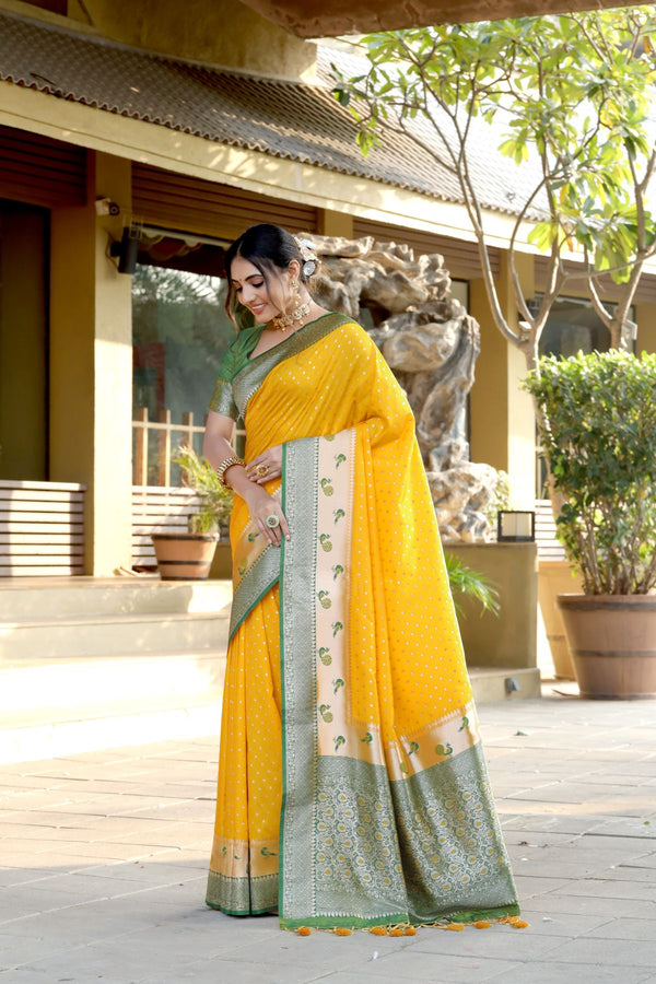 Turmeric Yellow and Green Banarasi Paithani Silk Saree