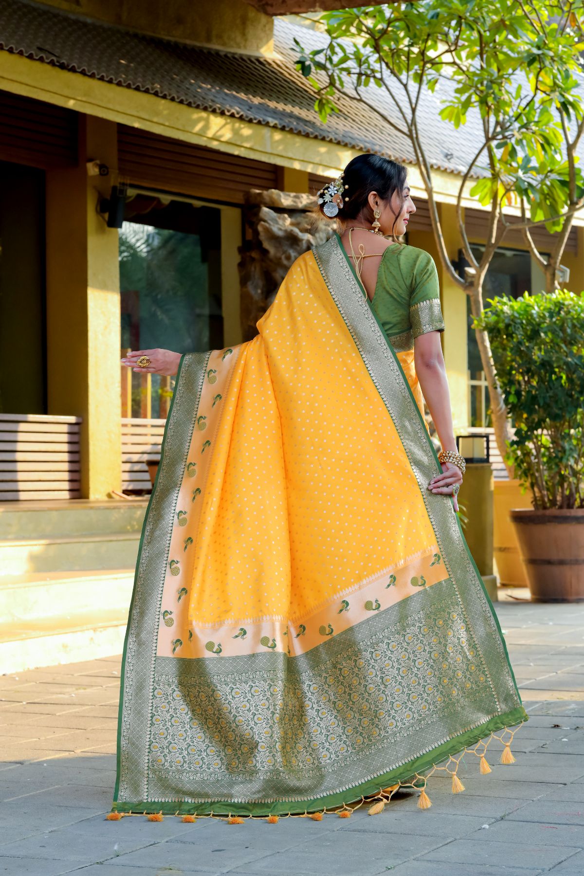 Buy MySilkLove Turmeric Yellow and Green Banarasi Paithani Silk Saree Online