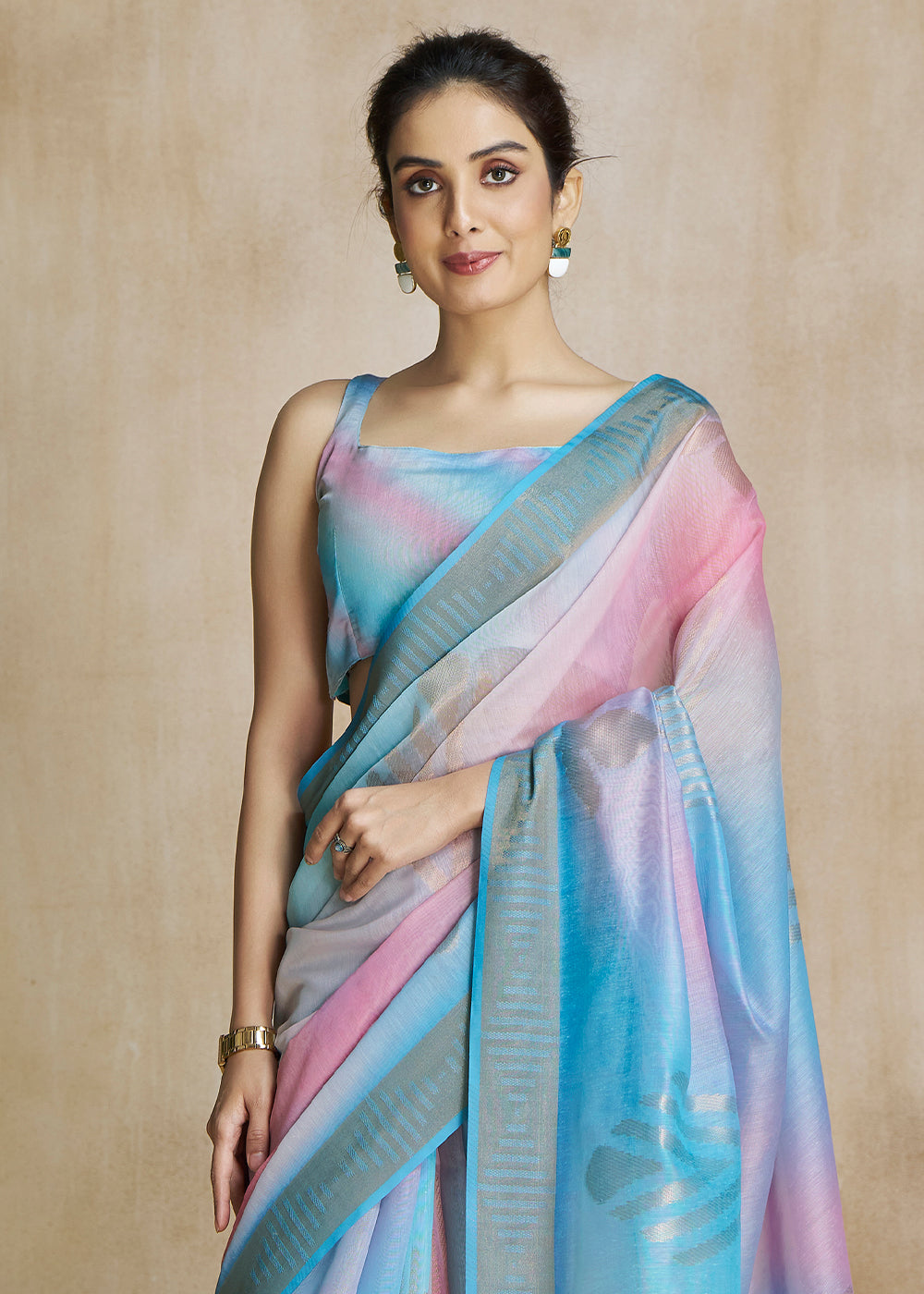 Buy MySilkLove Pacific Blue and Pink Tissue Woven Soft Silk Saree Online