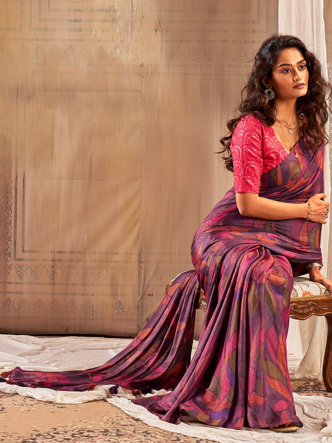 Buy MySilkLove Lotus Purple Printed Chiffon Saree With Embroidery Blouse Online