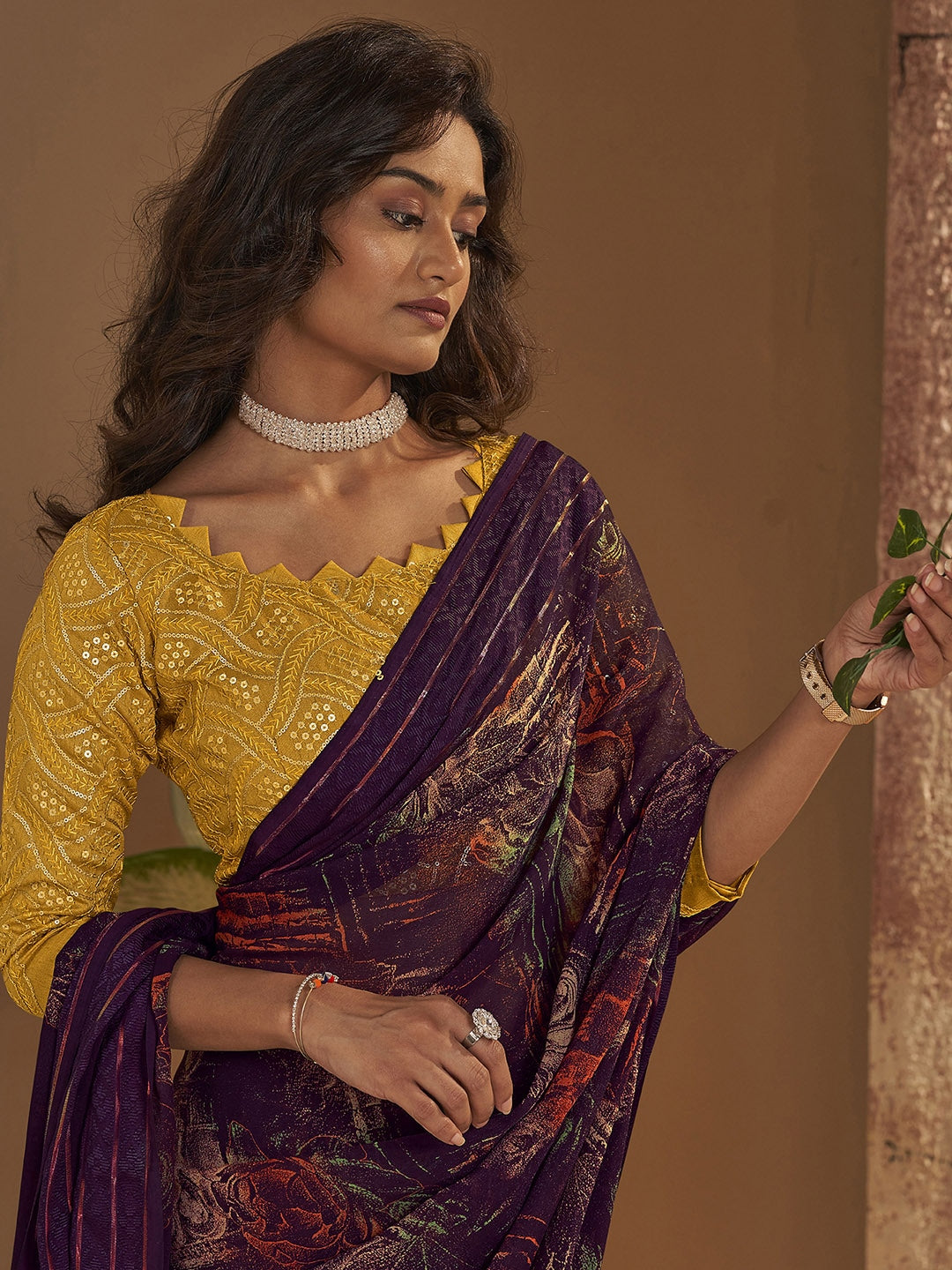 Buy MySilkLove Crater Brown Georgette Chiffon Saree With Embroidery Blouse Online