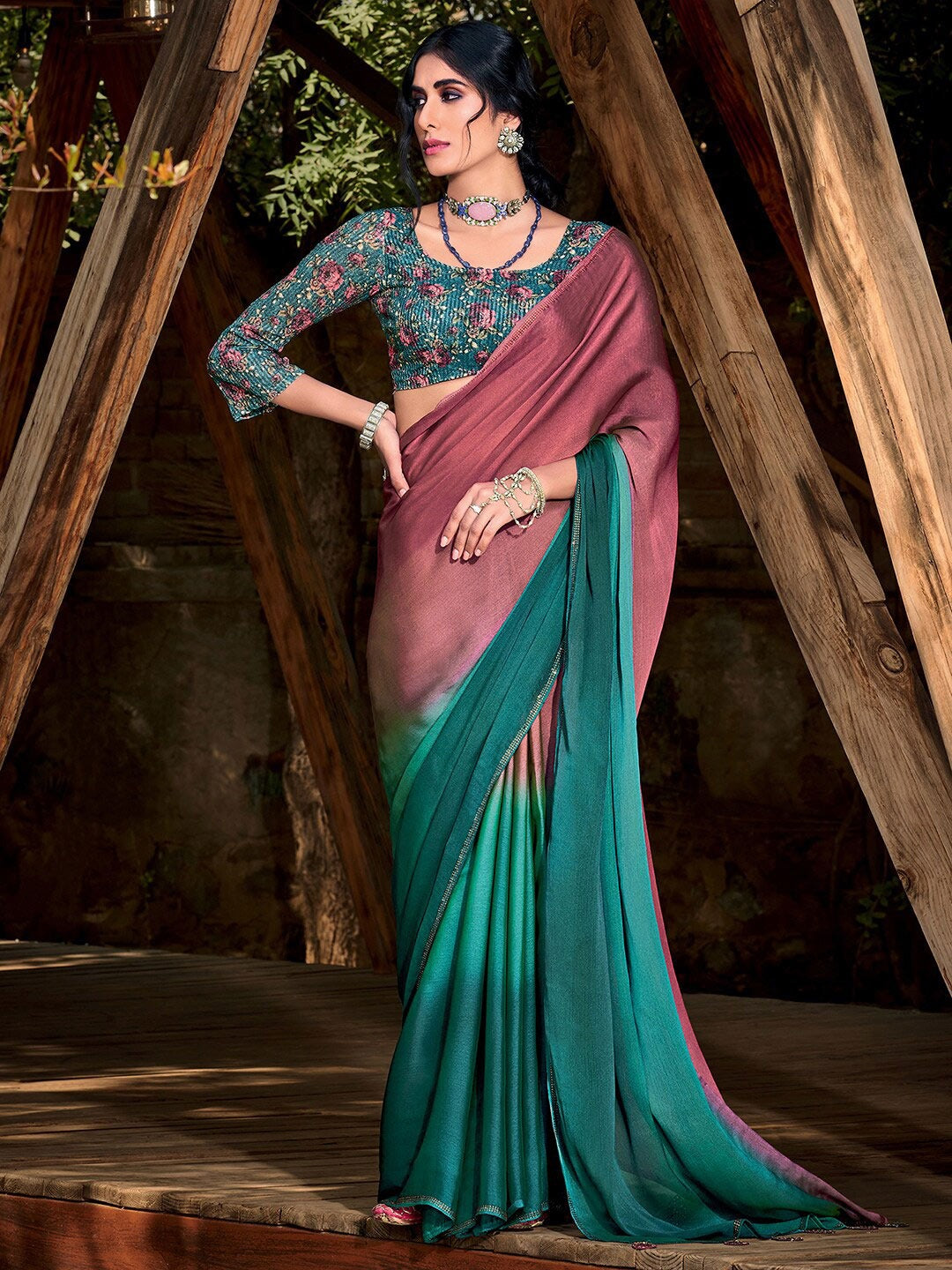 MySilkLove Copper Rust Purple and Blue Chiffon Saree With Printed Blouse