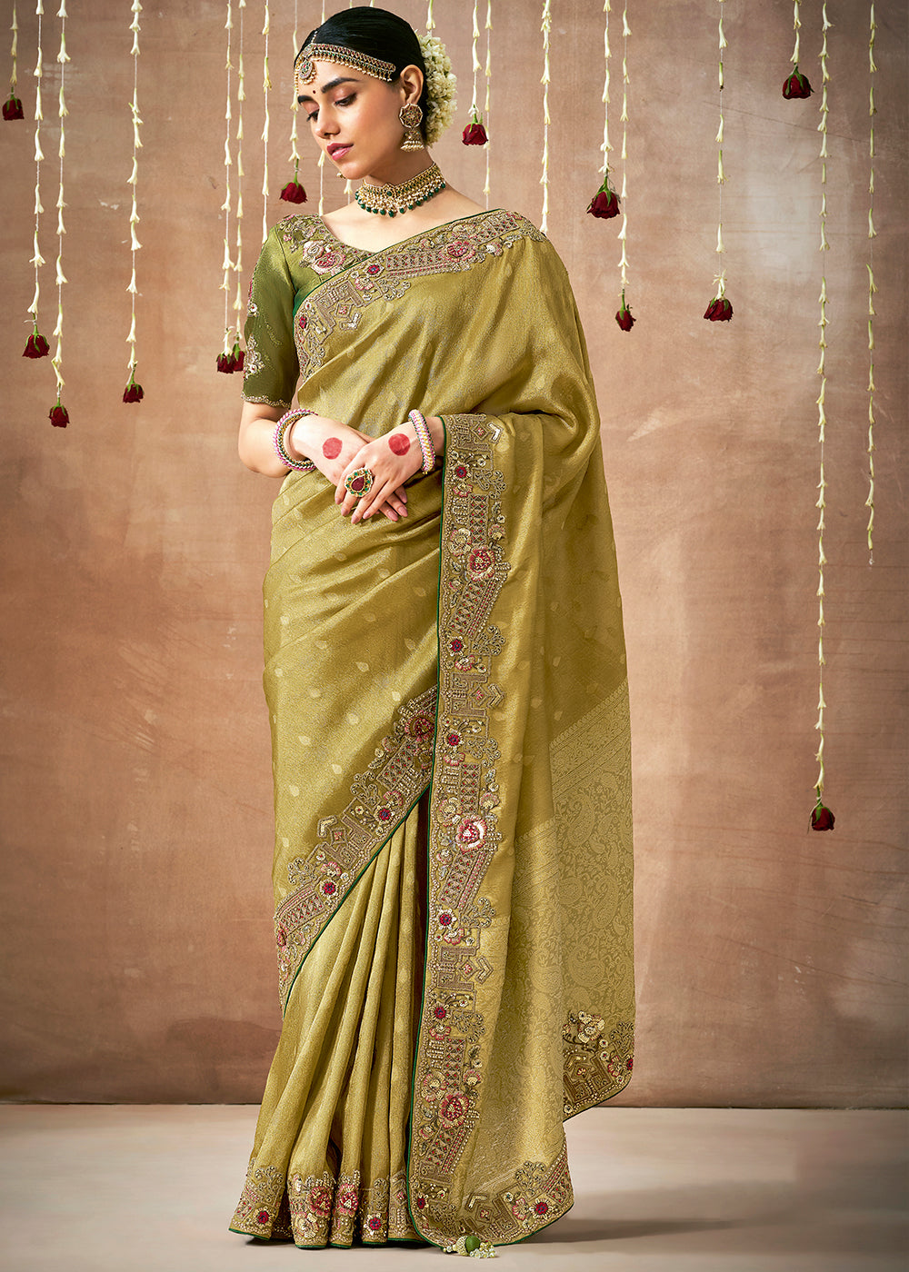 Buy MySilkLove Moss Green  Zari Woven Embroidery Designer Tissue Dola Silk Saree Online