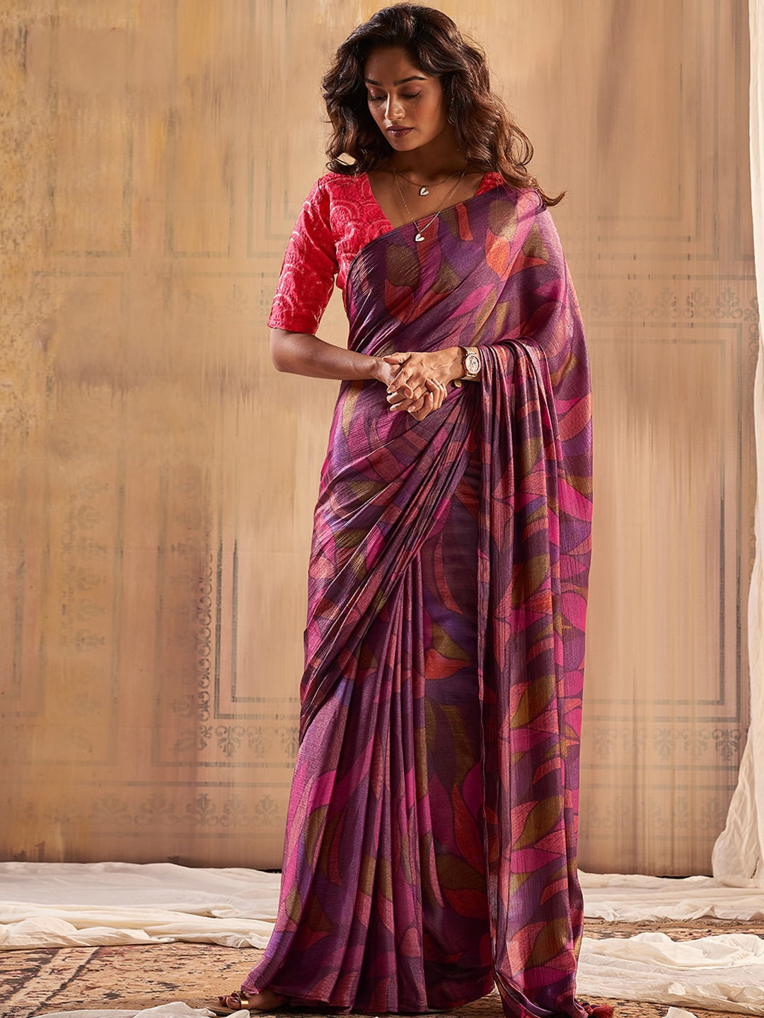 Buy MySilkLove Lotus Purple Printed Chiffon Saree With Embroidery Blouse Online