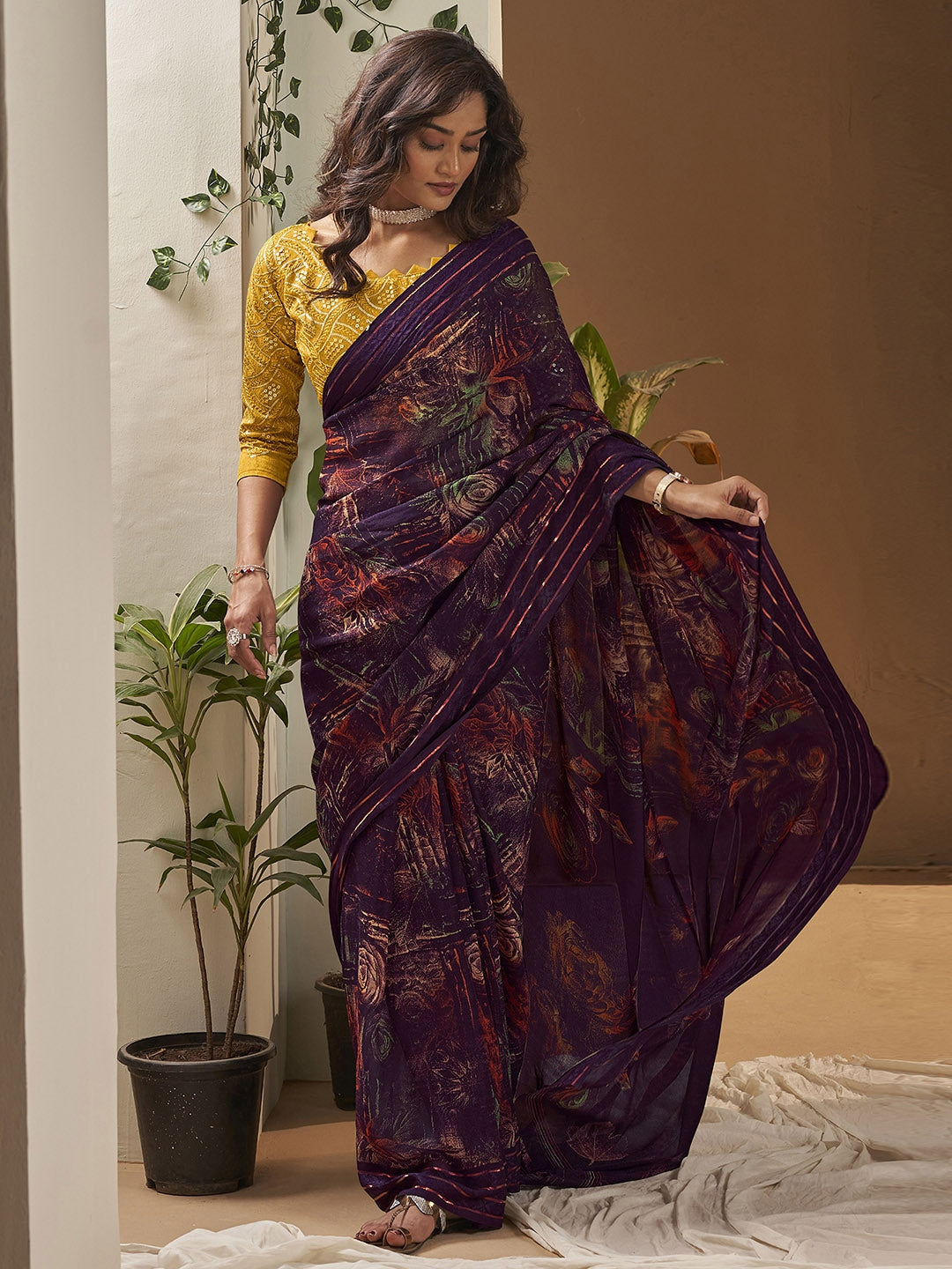 Buy MySilkLove Crater Brown Georgette Chiffon Saree With Embroidery Blouse Online
