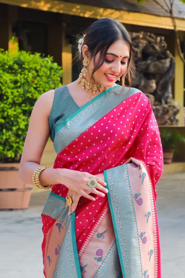 French Pink and Blue Banarasi Paithani Silk Saree