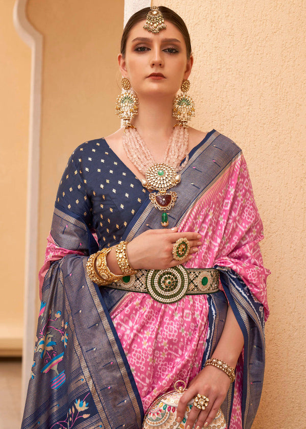 Cotton Candy Pink and Blue Printed Patola Soft Silk Saree