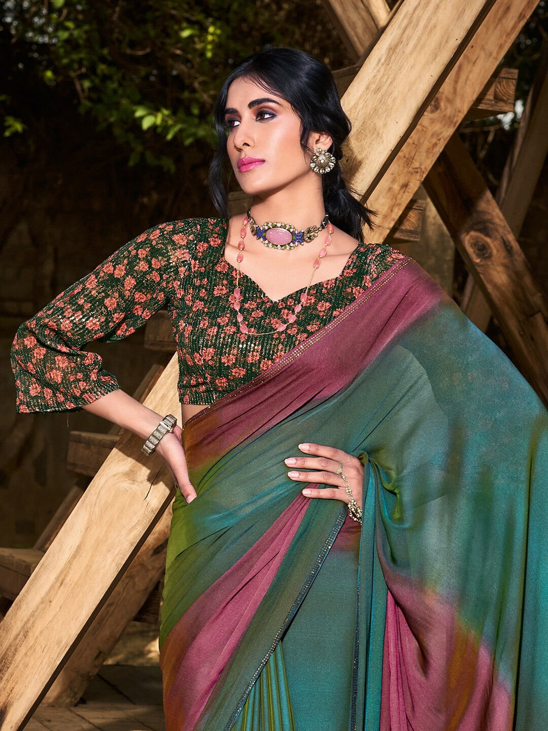Buy MySilkLove Cutty Sark Green and Purple Chiffon Saree With Printed Blouse Online