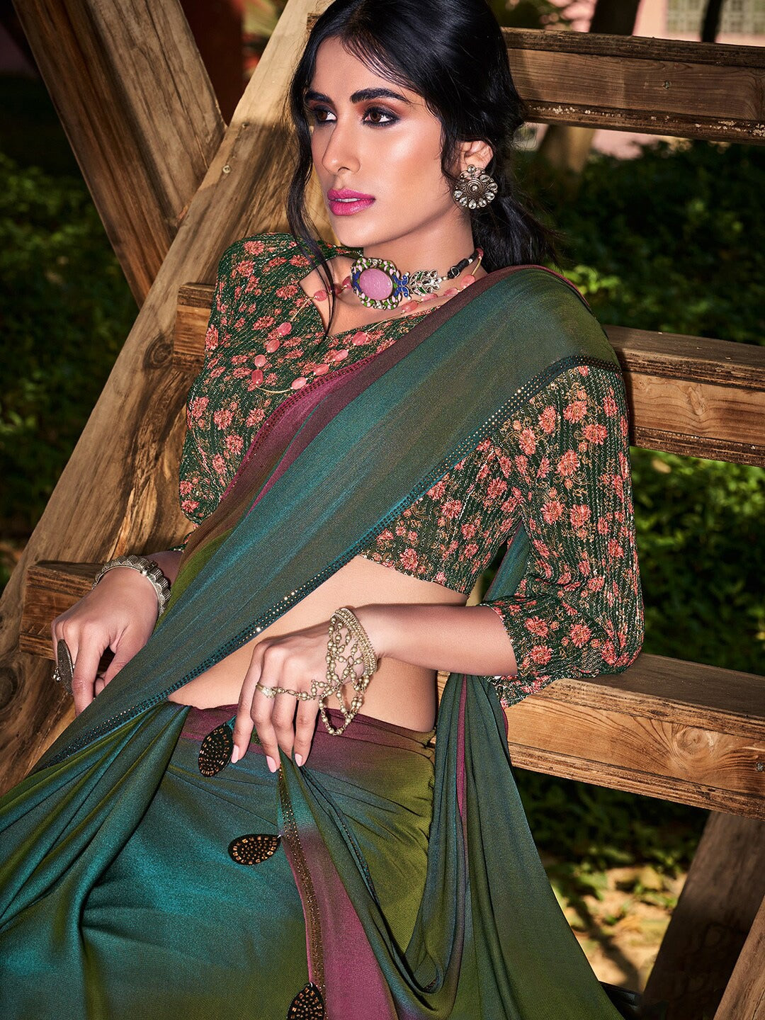 Buy MySilkLove Cutty Sark Green and Purple Chiffon Saree With Printed Blouse Online