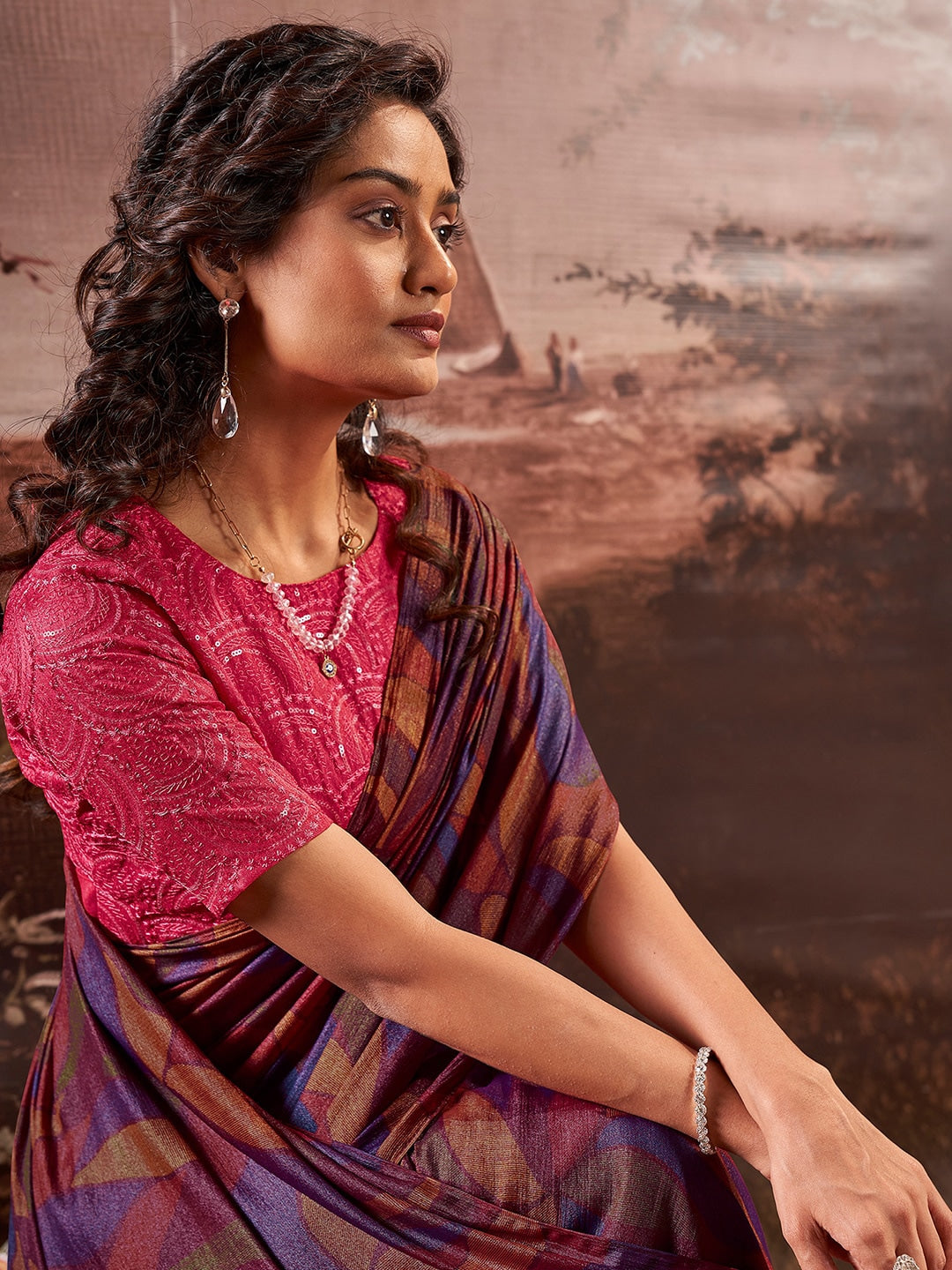 Buy MySilkLove Cosmic Purple Printed Chiffon Saree With Embroidery Blouse Online