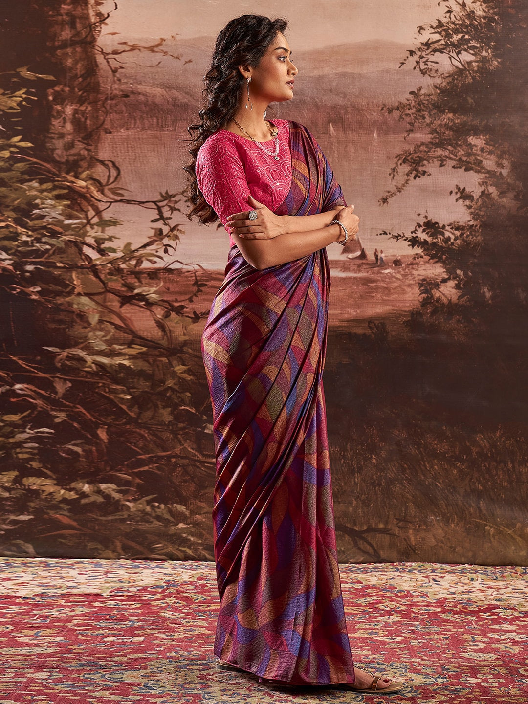 Buy MySilkLove Cosmic Purple Printed Chiffon Saree With Embroidery Blouse Online