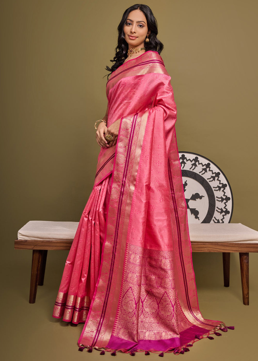 MySilkLove Wild Watermelon Pink Woven Banarasi Soft Silk Saree