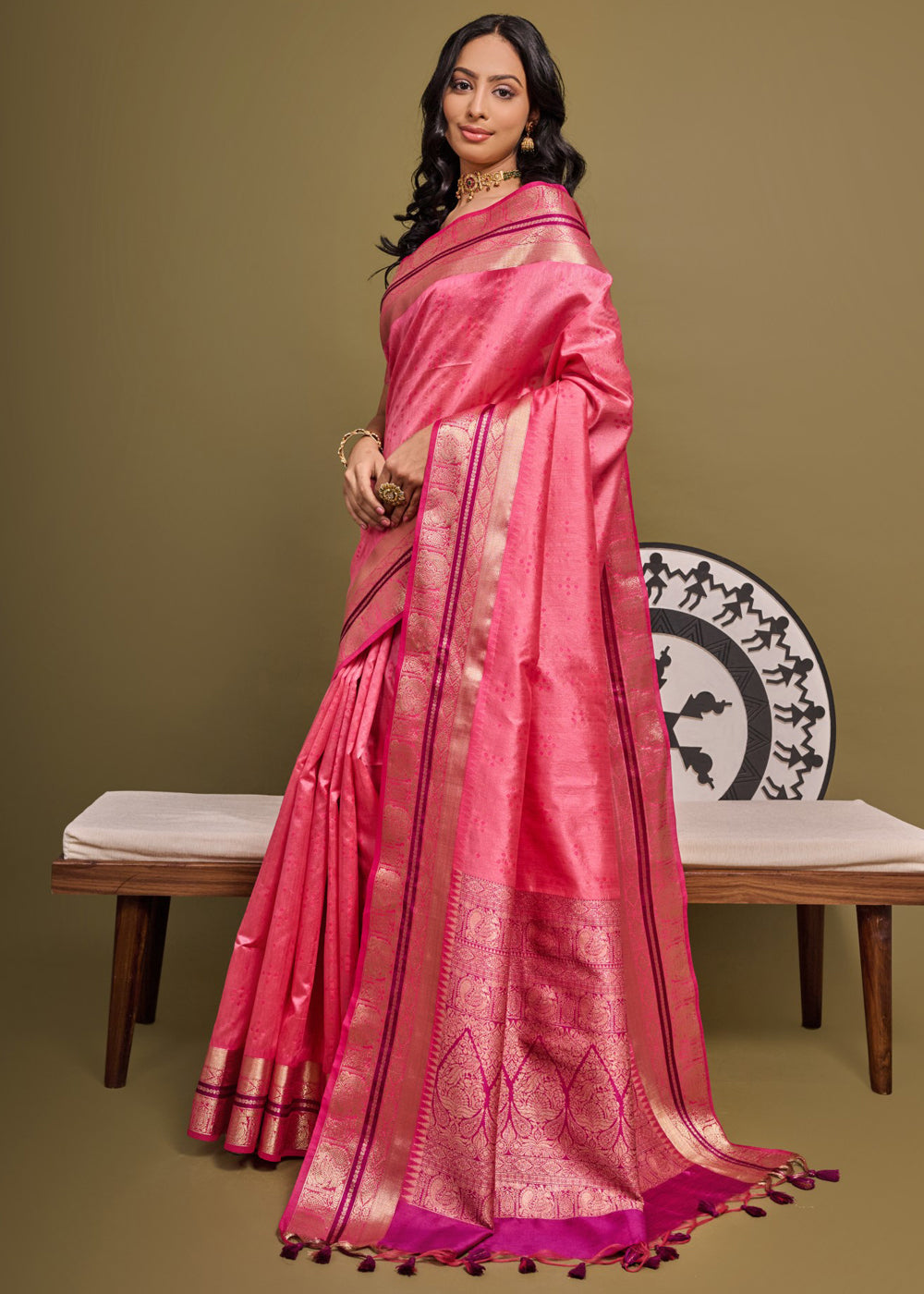 Buy MySilkLove Wild Watermelon Pink Woven Banarasi Soft Silk Saree Online