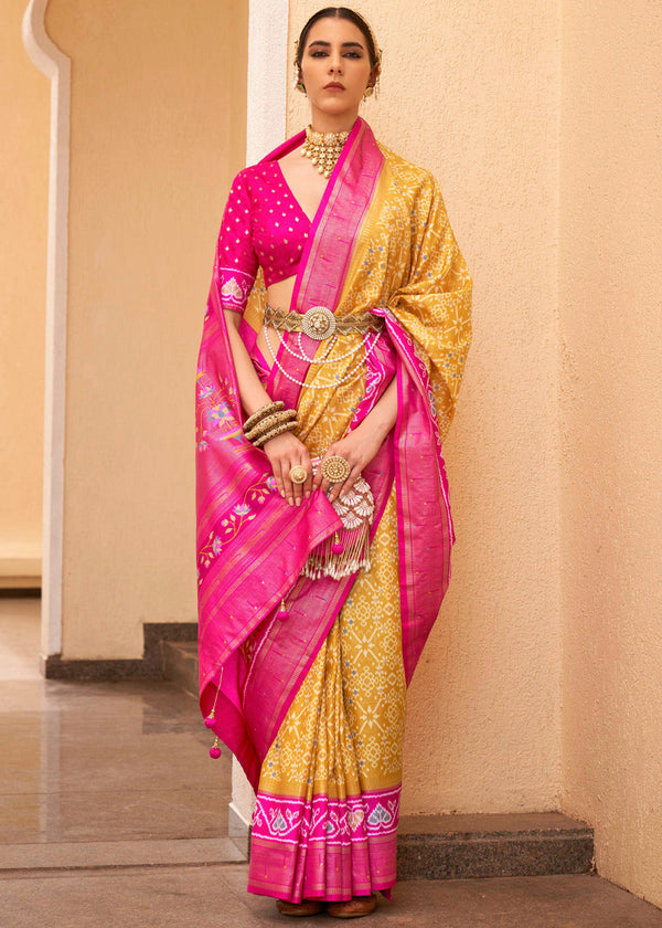 Sunglow Yellow and Pink Printed Patola Soft Silk Saree