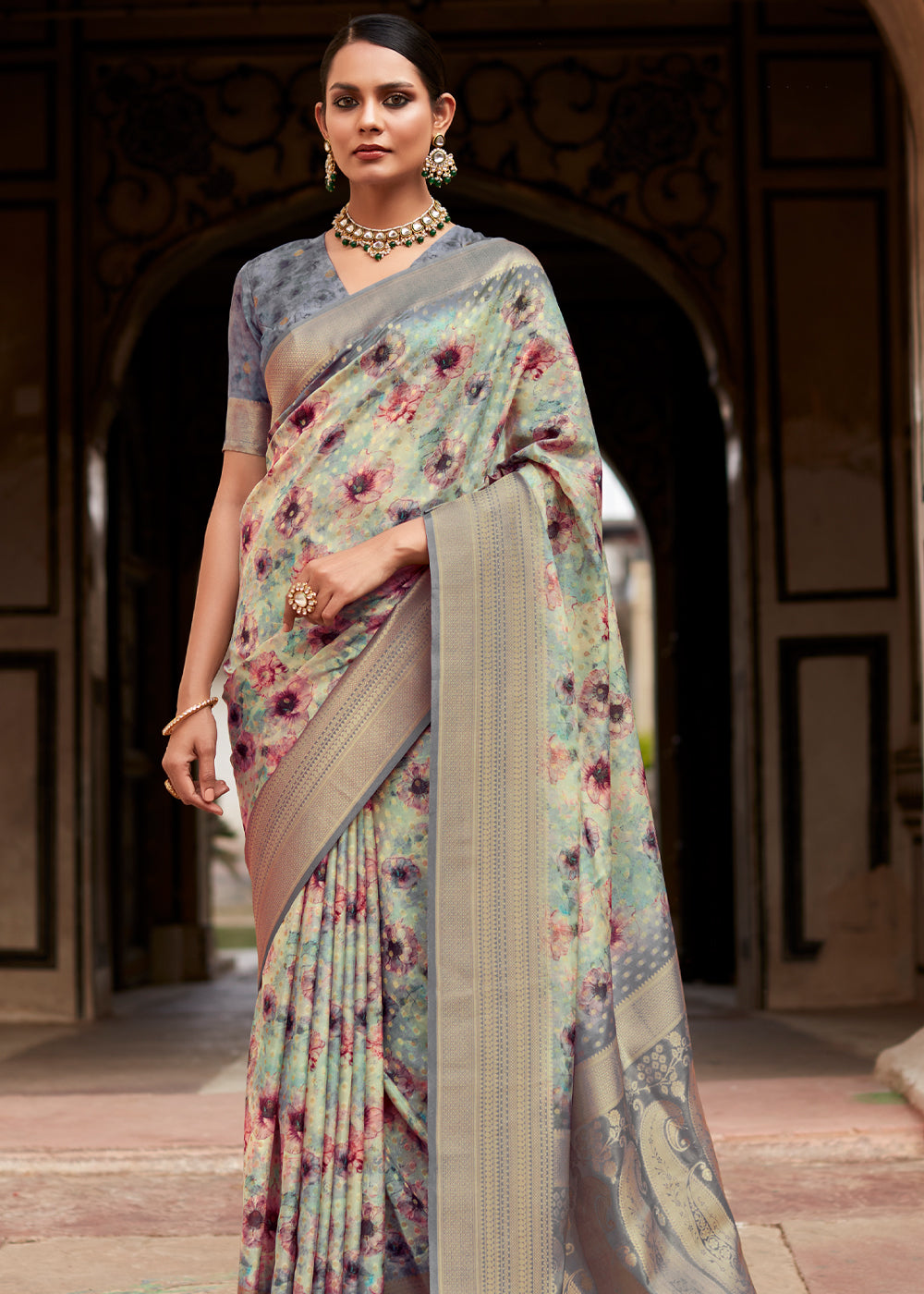 Buy MySilkLove Martini Grey Banarasi Digital Printed Silk Saree Online